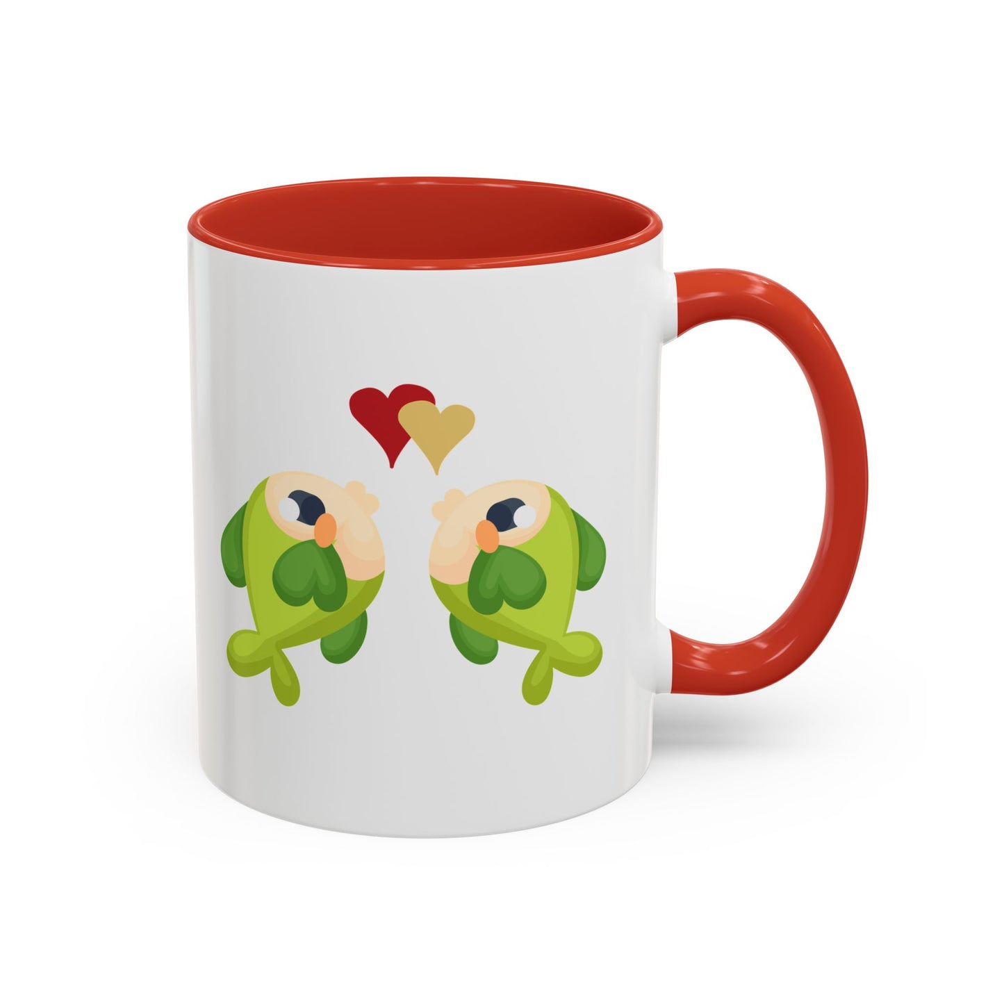 Two hearts float between the fish one red and one yellow. Coffee Mug