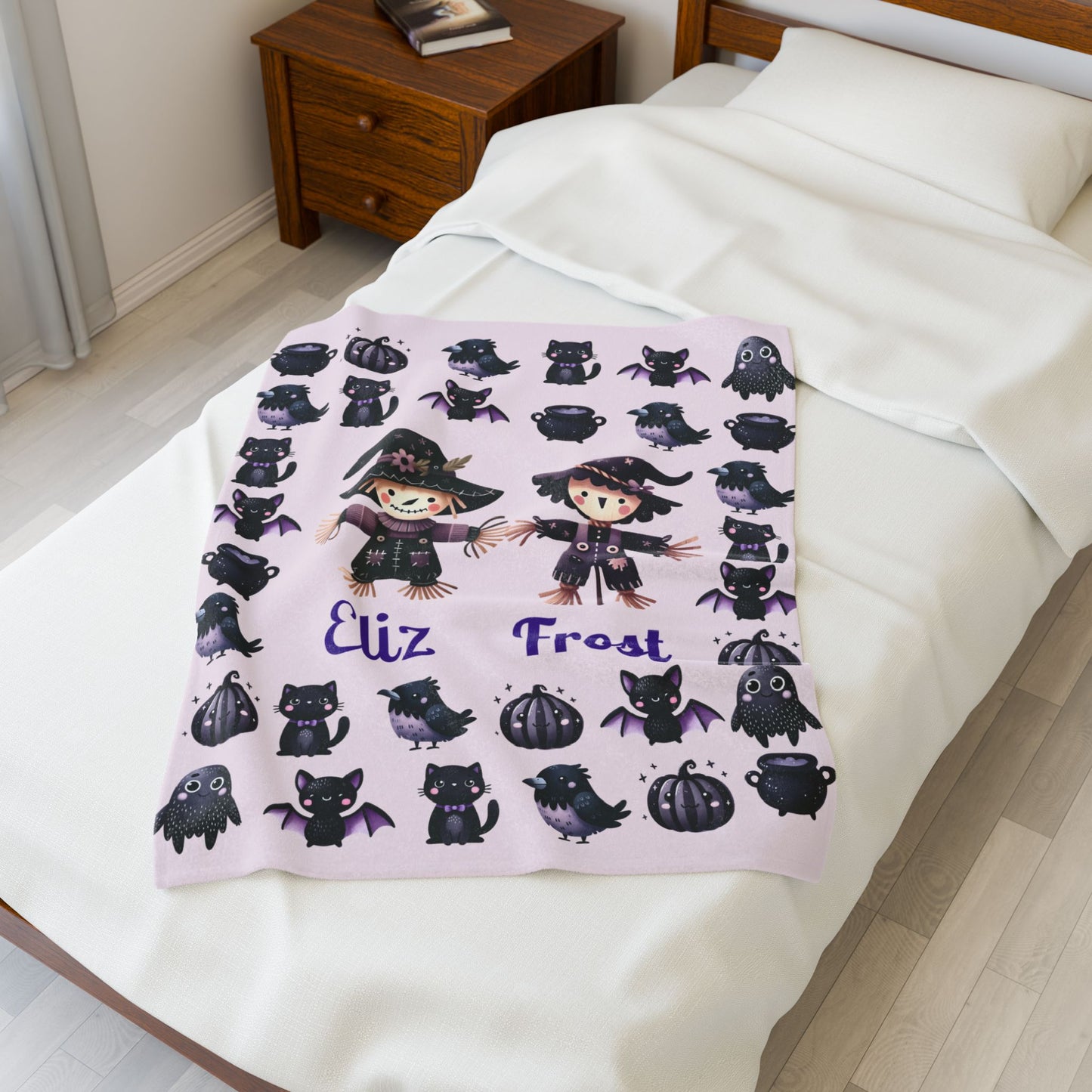 Personalized Halloween Velveteen Plush Blanket | Cozy Fall Decor, Unique Gift, Witch, Cat, Spooky Design, Kids' Bedroom, Halloween