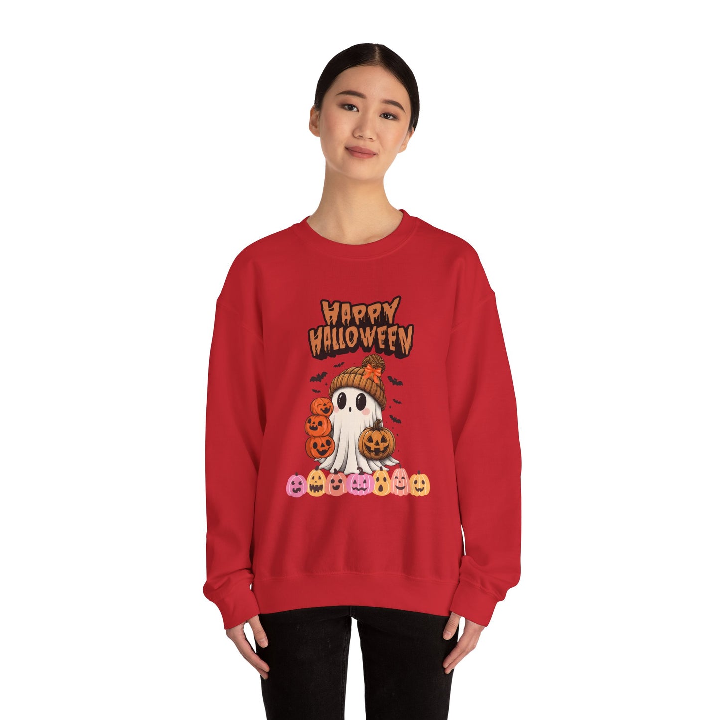 Cozy Halloween Sweatshirt, Unisex Crewneck with Ghost & Pumpkin Design, Fall Fashion, October Gifts, Spooky Season Apparel