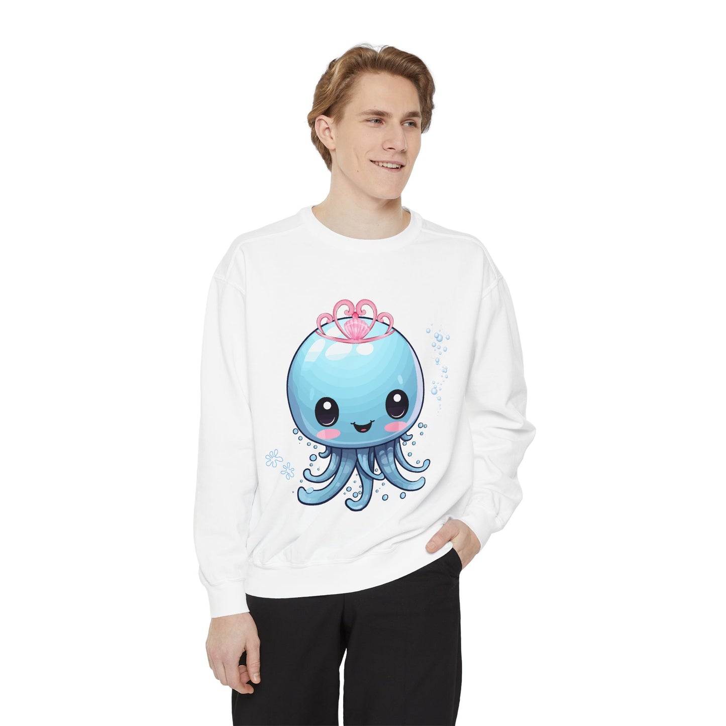 Blue jellyfish with a pink tiara Unisex Garment-Dyed Sweatshirt