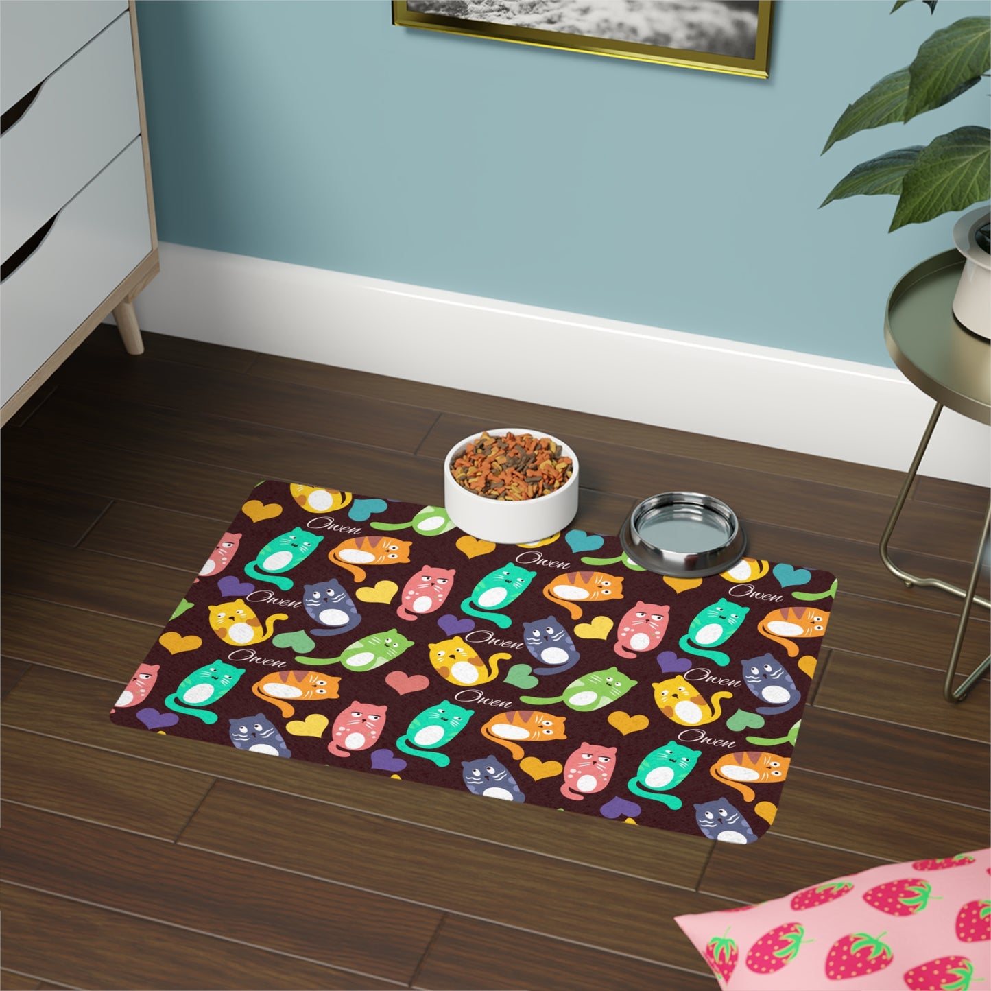 Colorful Cat Pattern Pet Food Mat (12x18) — Non-Slip Waterproof Placemat for Cats & Small Dogs