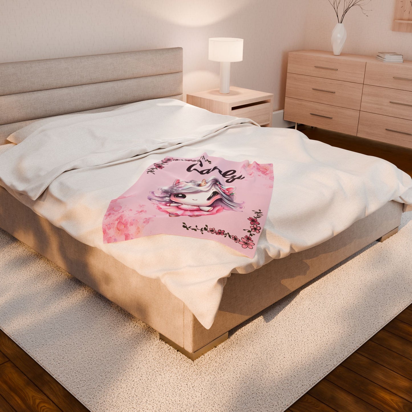 Customized Unicorn Velveteen Plush Blanket, Kid's Gift, Nursery Decor, Cozy Throw, Personalized Blanket, Birthday Present