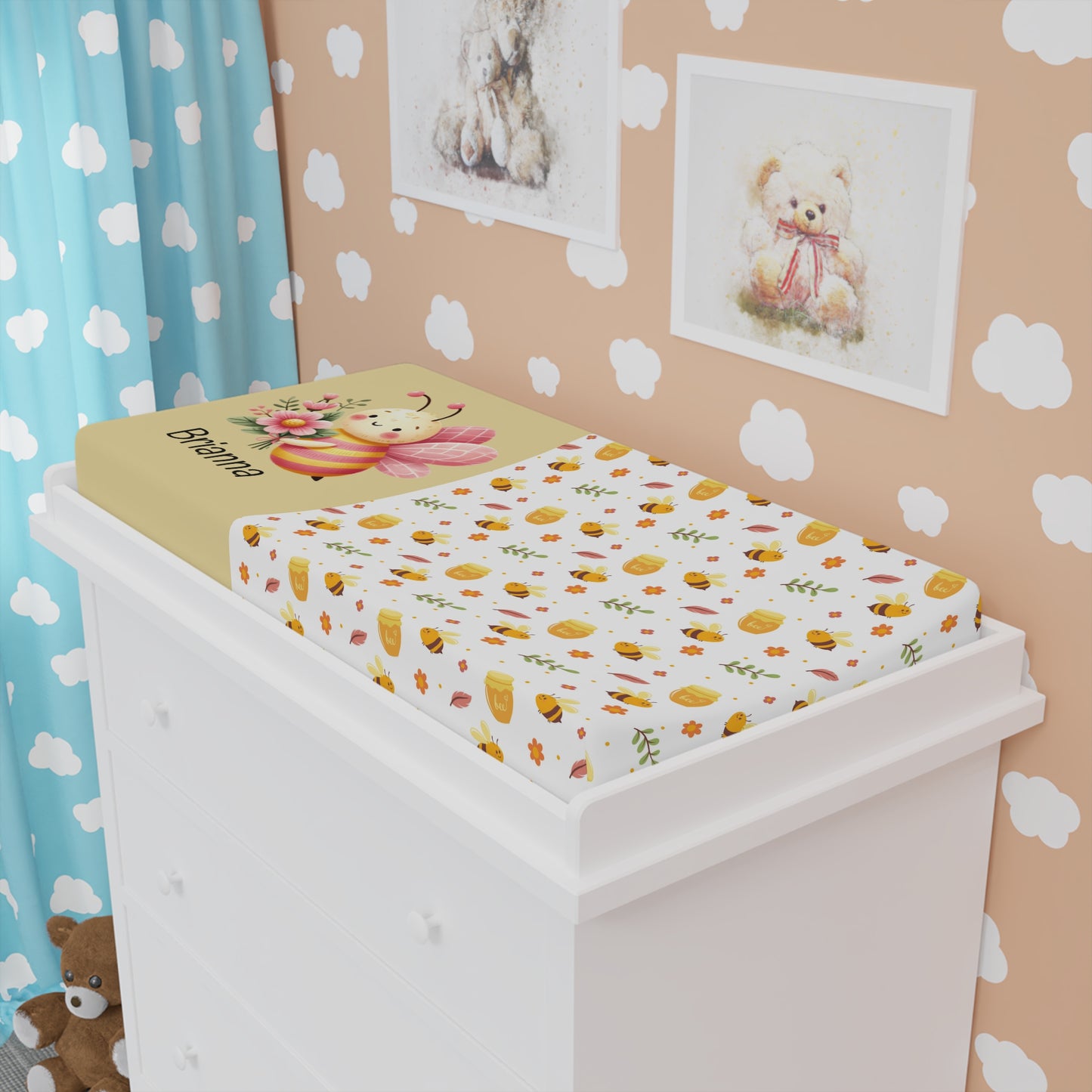 Bee Baby Changing Pad Cover — Personalized Floral Bumblebee Nursery Protector