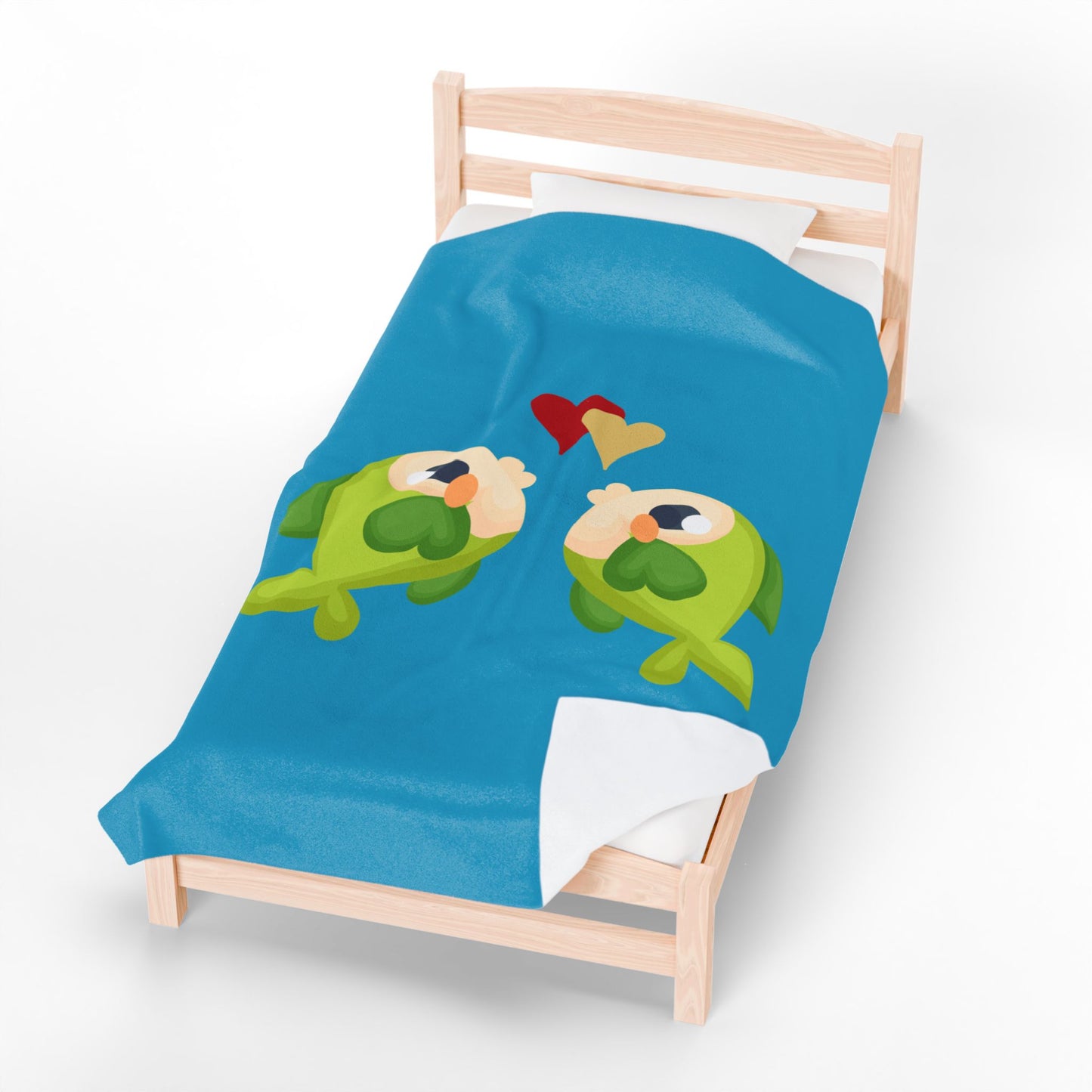 Two hearts float between the fish one red and one yellow Velveteen Plush Blanket