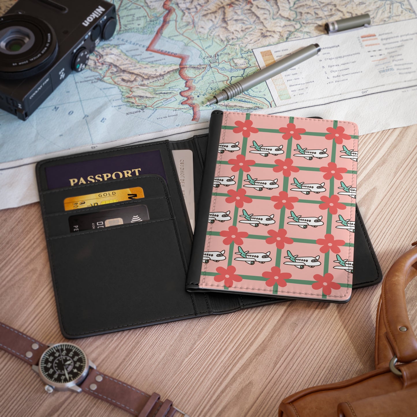 Aviator Floral Passport Cover — Retro Plane & Pink Flower Travel Case