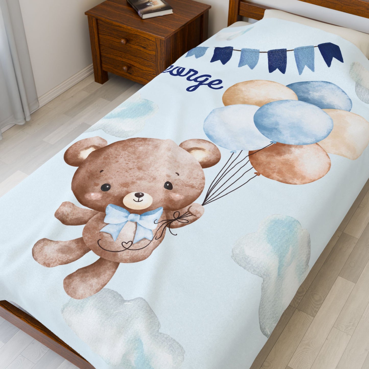 Personalized Velveteen Plush Blanket with Teddy Bear Design, Cozy Baby Gift, Nursery Decor, Baby Shower Blanket, Soft Baby Blanket