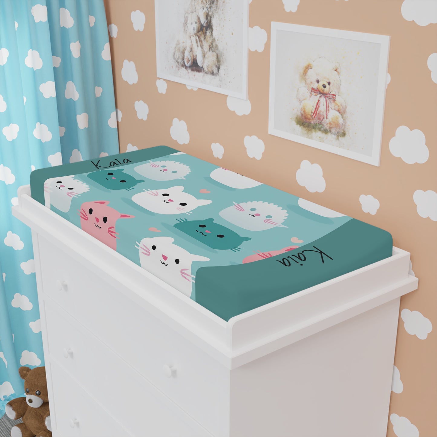 Personalized Cute Kitty Baby Changing Pad Cover — Teal Cat Print, Custom Name Option