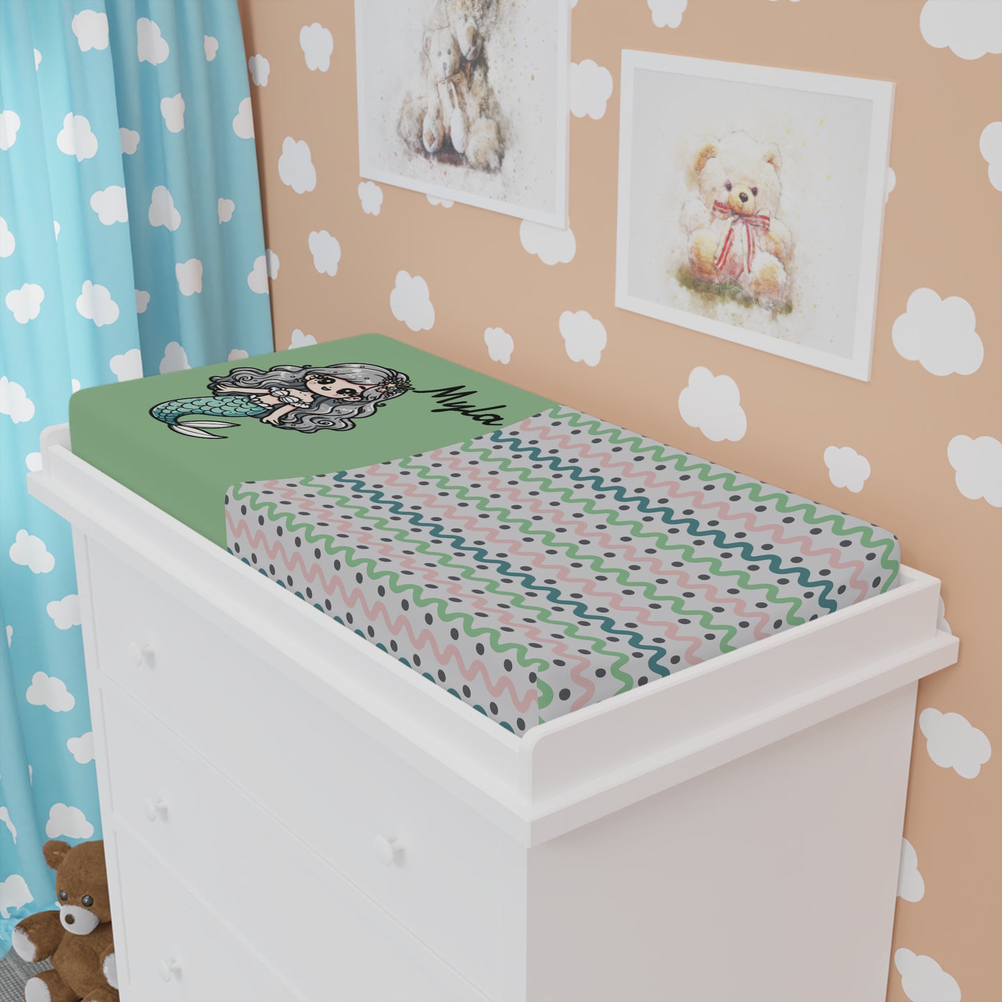 Mermaid Baby Changing Pad Cover — Personalized Green Nursery Changing Mat