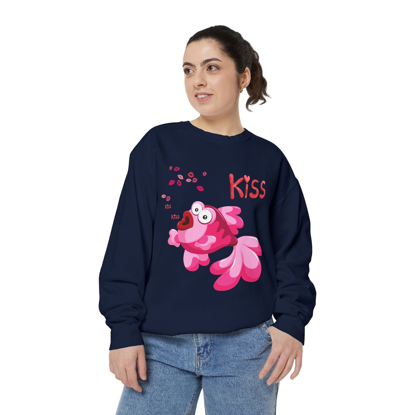 Pink fish with open mouth and kiss Unisex Garment-Dyed Sweatshirt