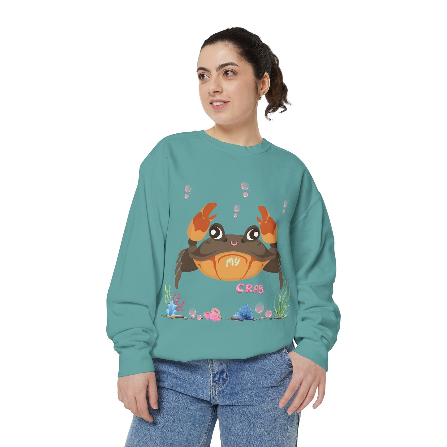 Crab with subtle bubbles and underwater flora Unisex Garment-Dyed Sweatshirt