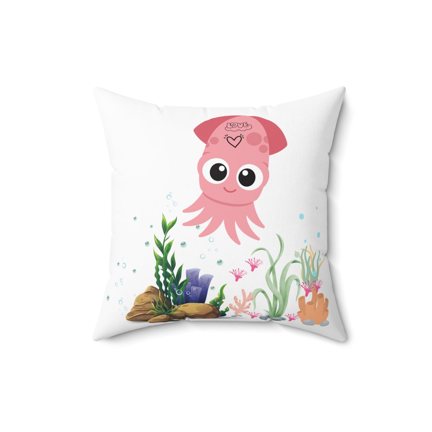 Pink squid cartoon with love Spun Polyester Square Pillow