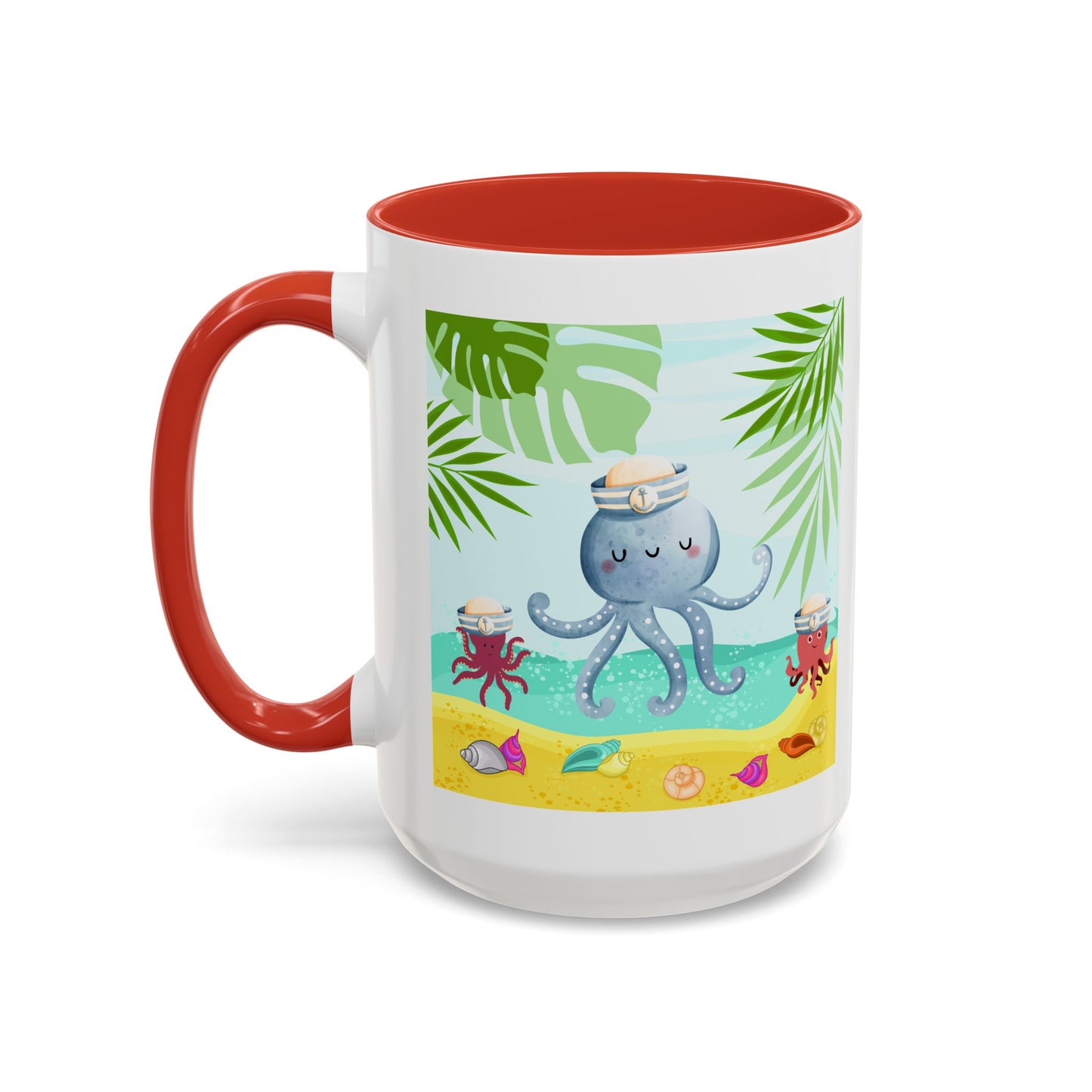 Octopus on a beach scene with tropical Coffee Mug