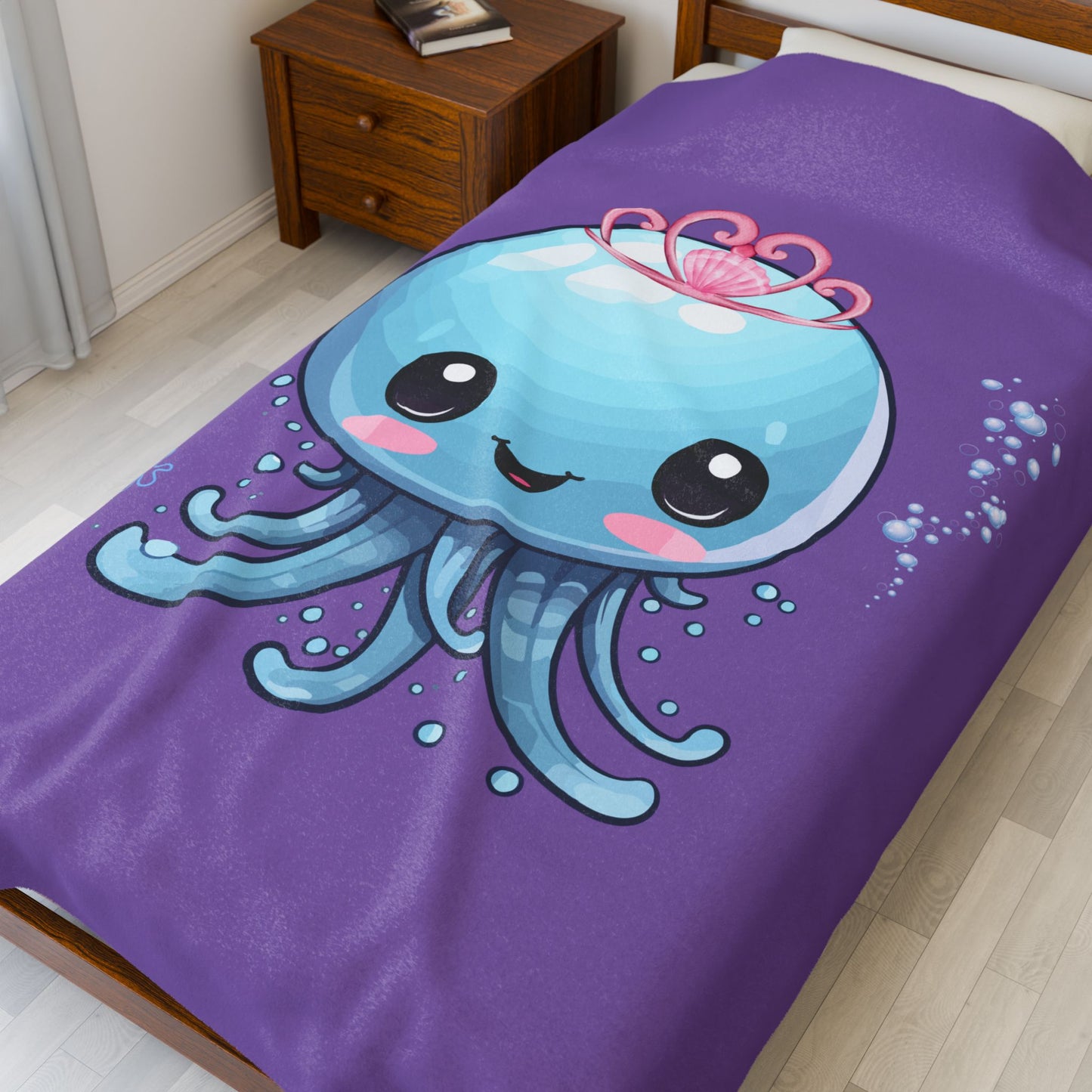Blue jellyfish with a pink tiara Velveteen Plush Blanket