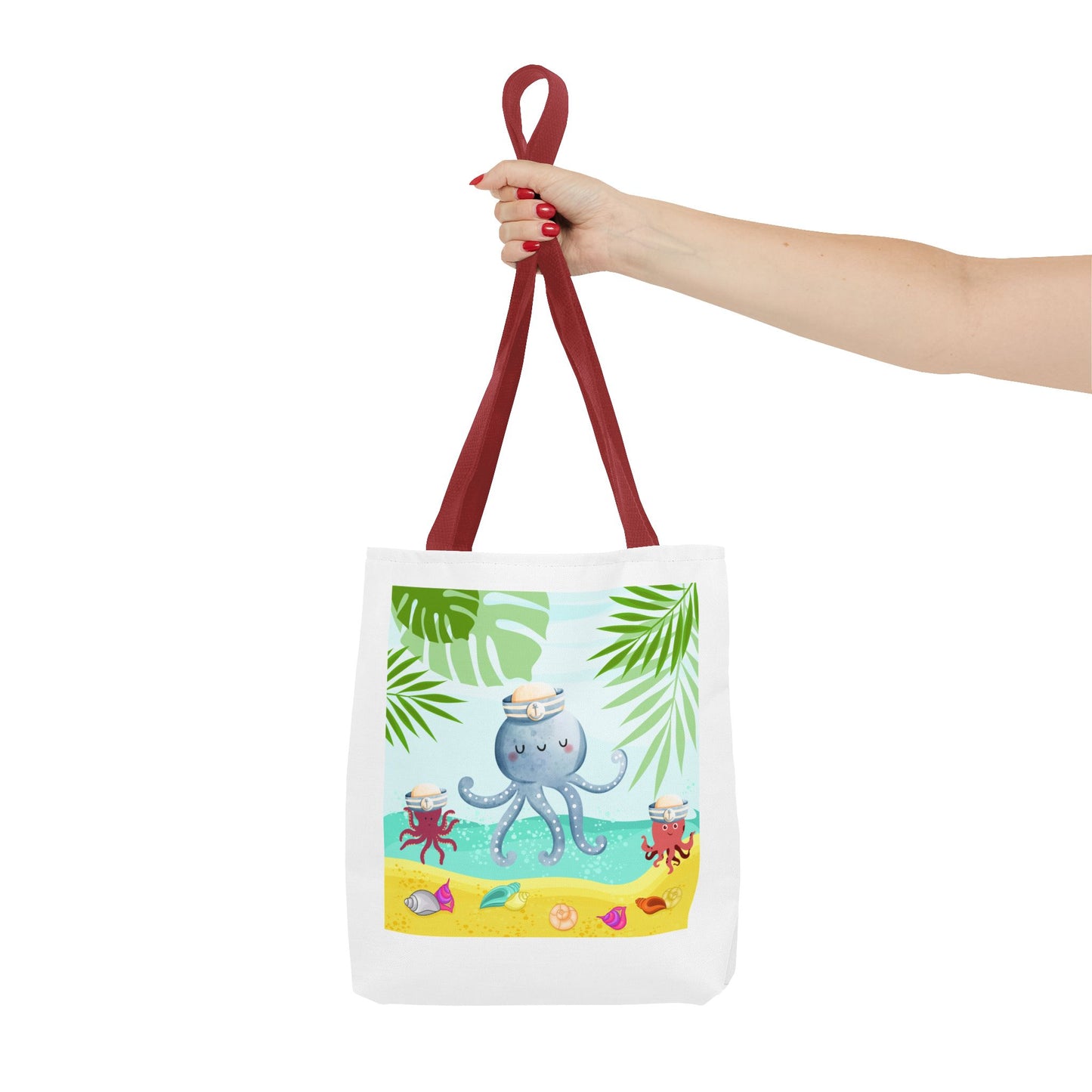Octopus on a beach scene with tropical Tote Bag