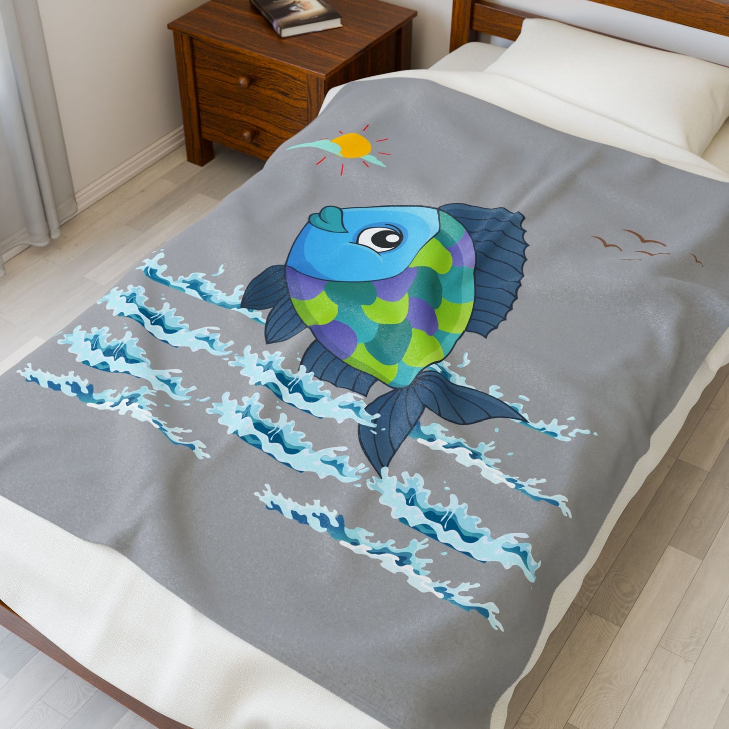 Fish with a sun and birds in the sky above water Velveteen Plush Blanket
