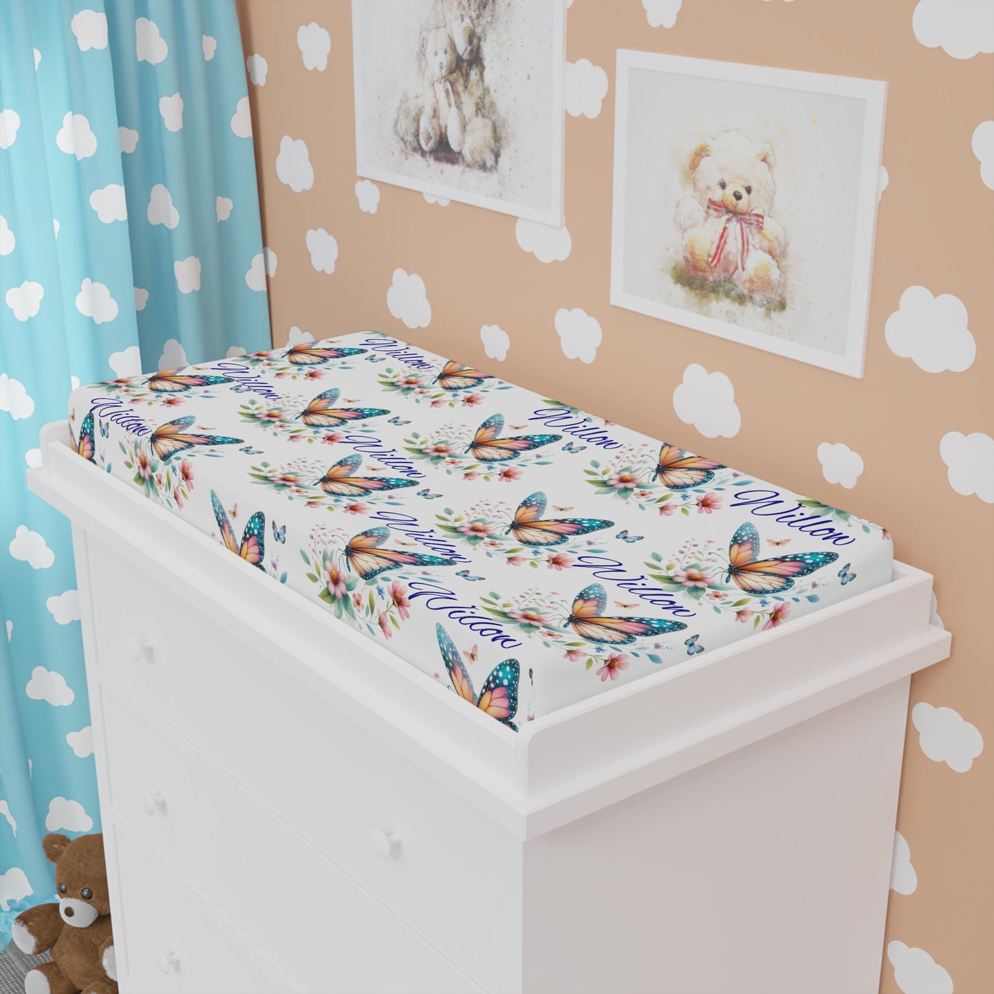 Butterfly Floral Baby Changing Pad Cover — Personalized Nursery Accent
