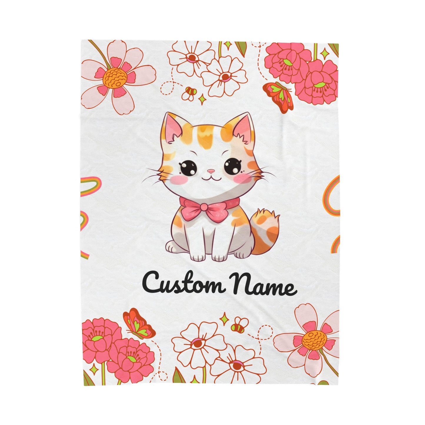Custom Cat Plush Blanket, Personalized Velveteen Blanket for Kids, Cozy Cat Themed Gift, Baby Shower Blanket, Floral Comfort Throw