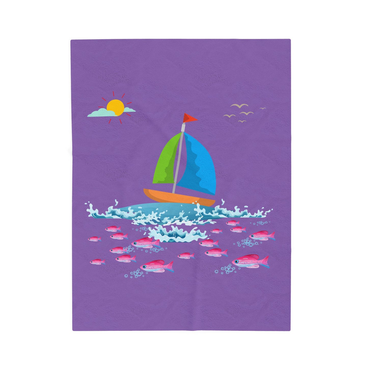 Sailboat and Red fish Velveteen Plush Blanket