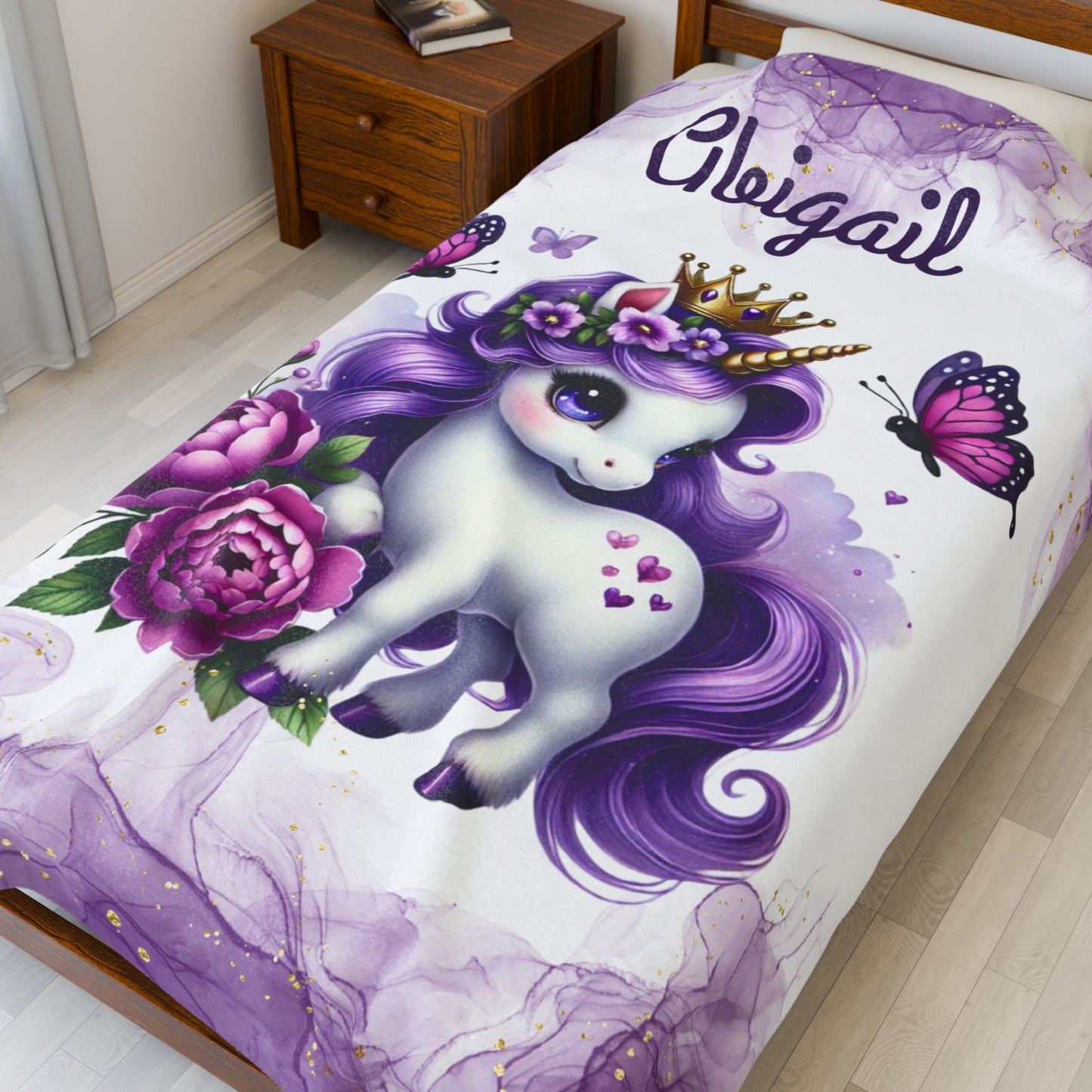 Personalized Unicorn Velveteen Plush Blanket, Cozy Kids Blanket, Birthday Gift, Nursery Decor, Soft Throw Blanket