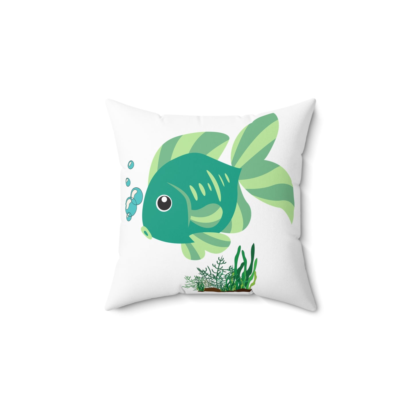 Green fish with bubbles and aquatic plants Spun Polyester Square Pillow