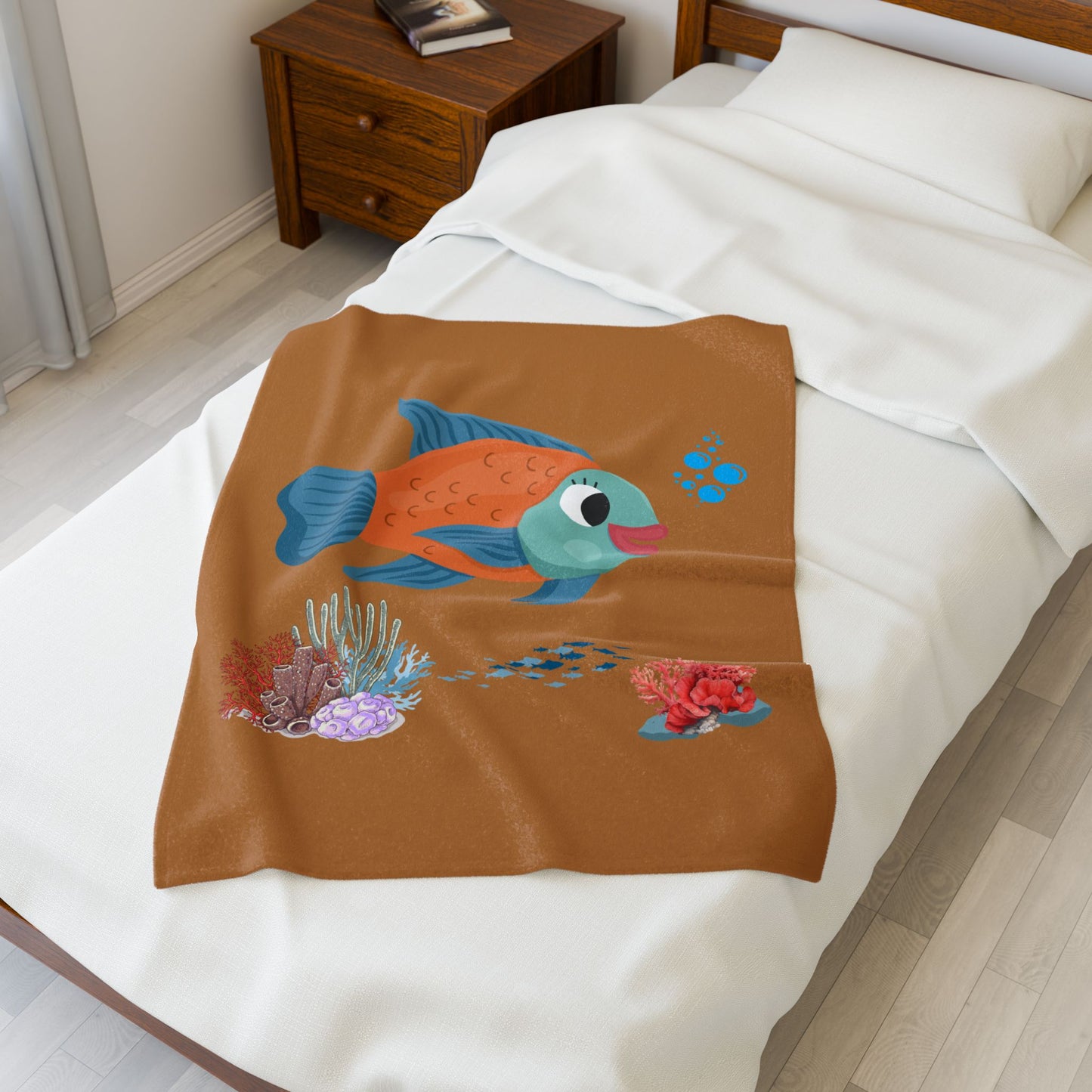 Orange and blue fish with coral and bubble Velveteen Plush Blanket