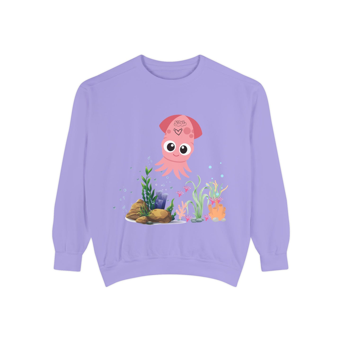 Pink squid cartoon with love Unisex Garment-Dyed Sweatshirt