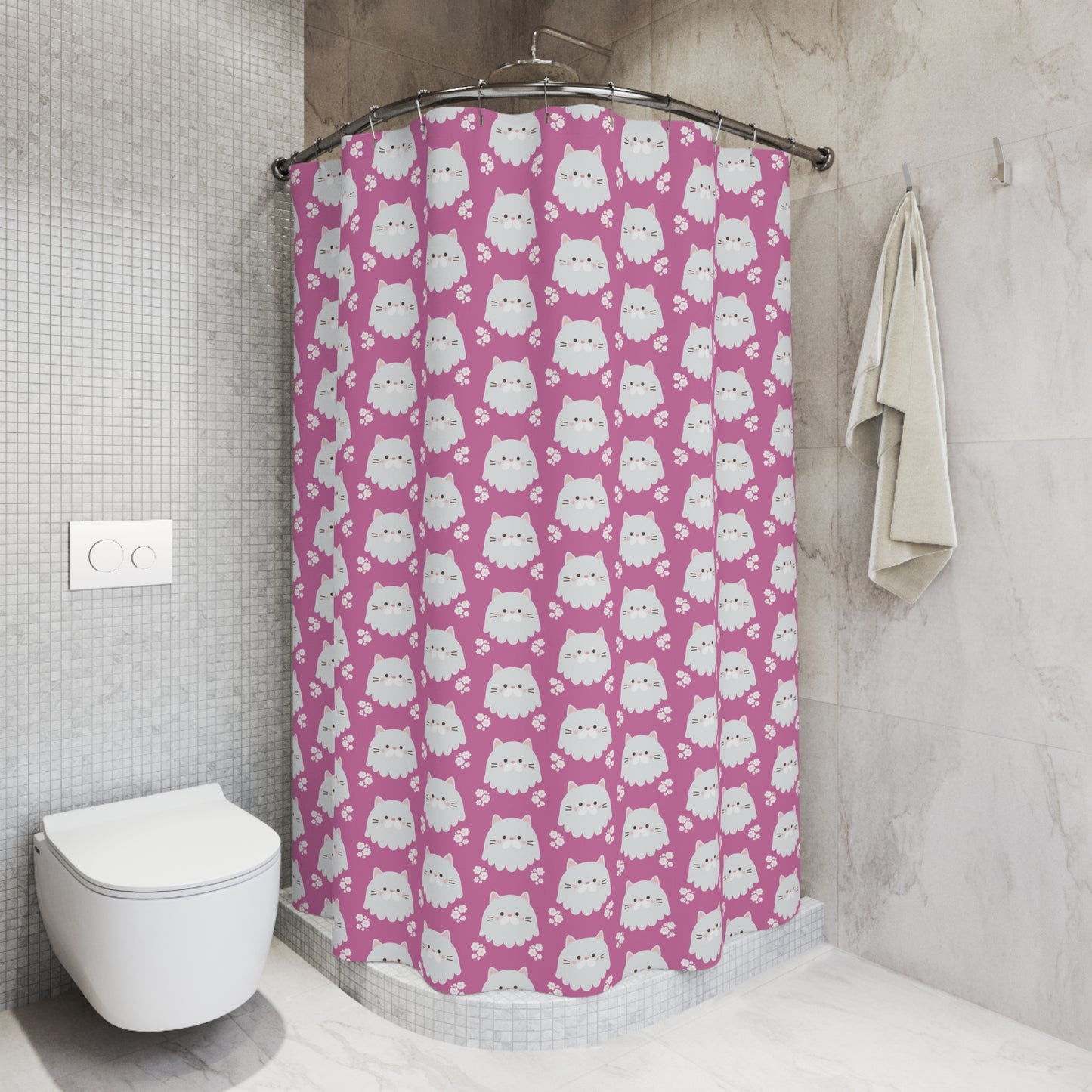 Cute White Kitty Pattern Shower Curtain — Pink Cat Paw Bathroom Decor