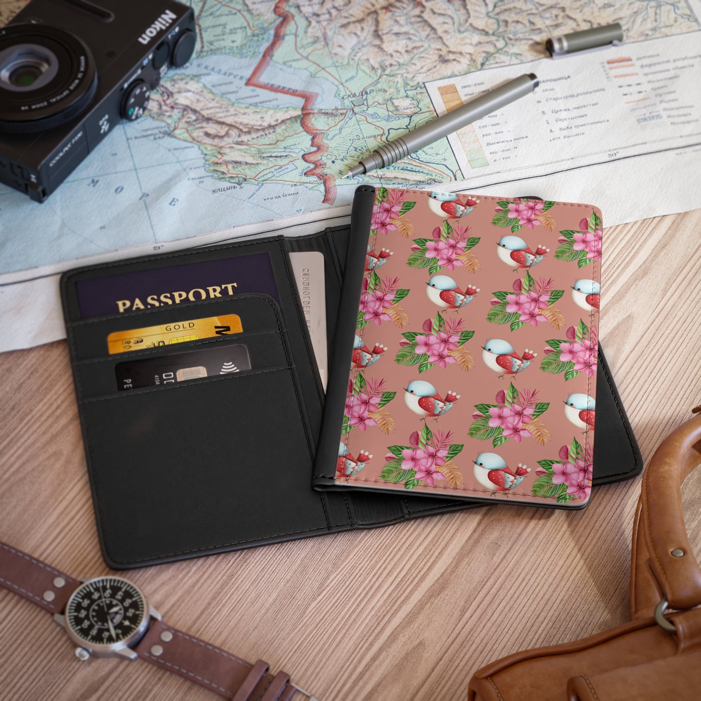 Floral Bird Passport Cover — Pink Blossom Travel Wallet