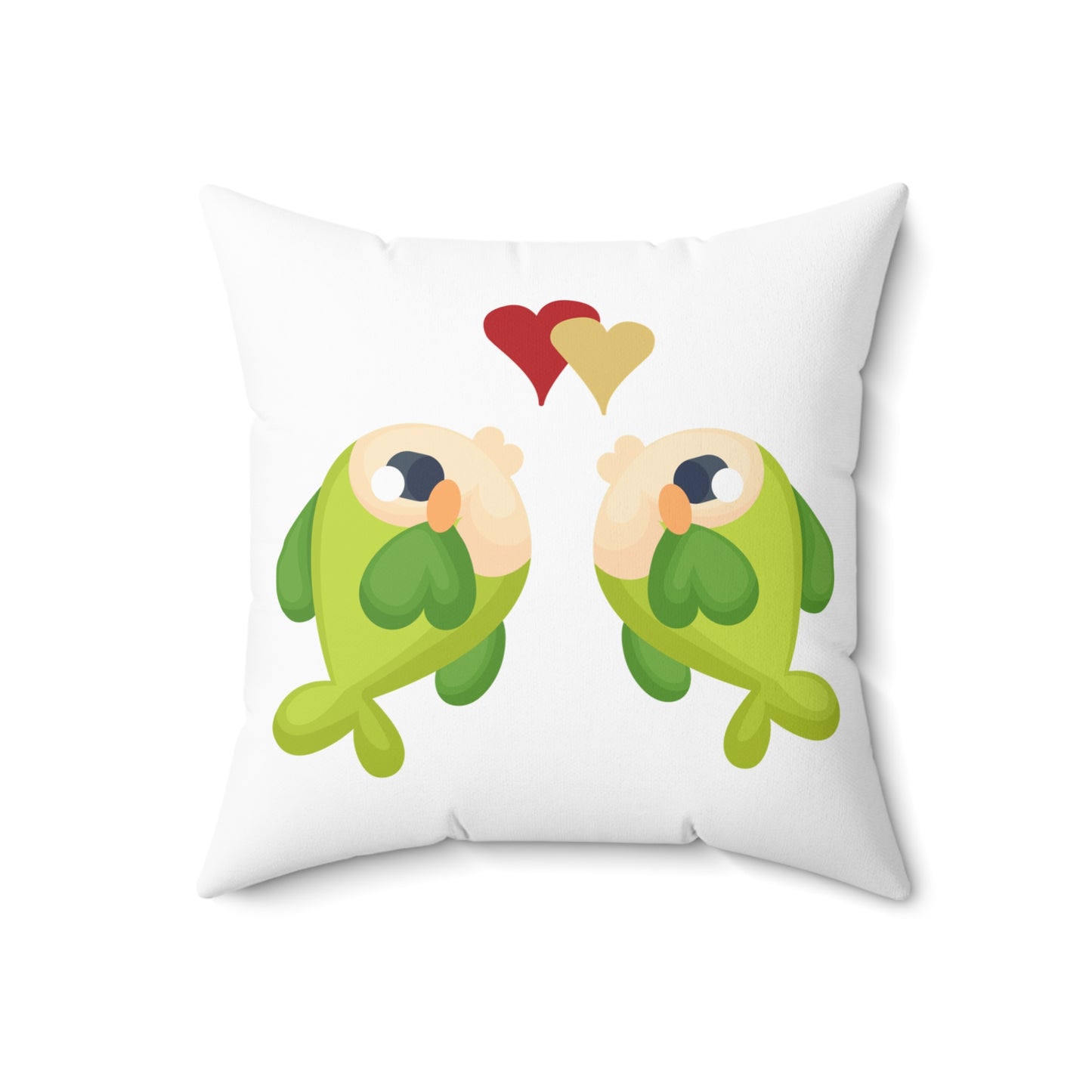 Two hearts float between the fish one red and one yellow Spun Polyester Square Pillow