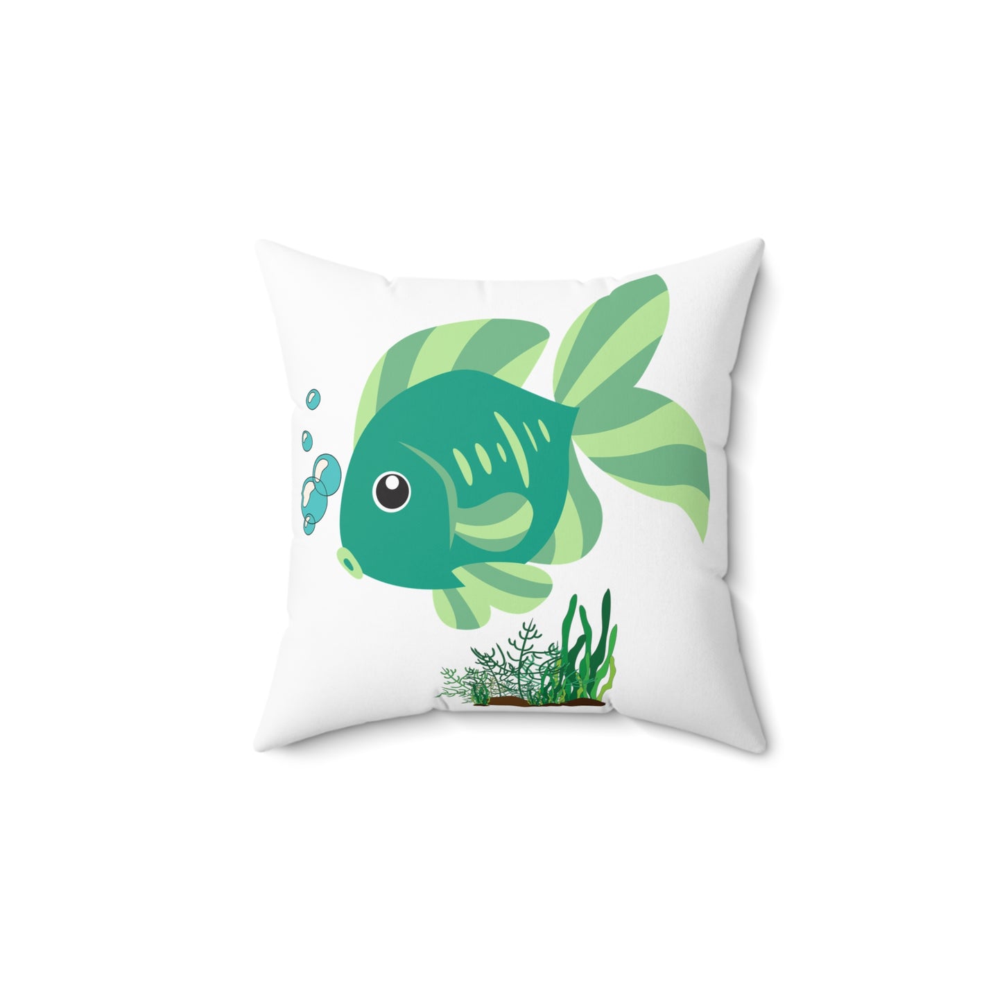Green fish with bubbles and aquatic plants Spun Polyester Square Pillow