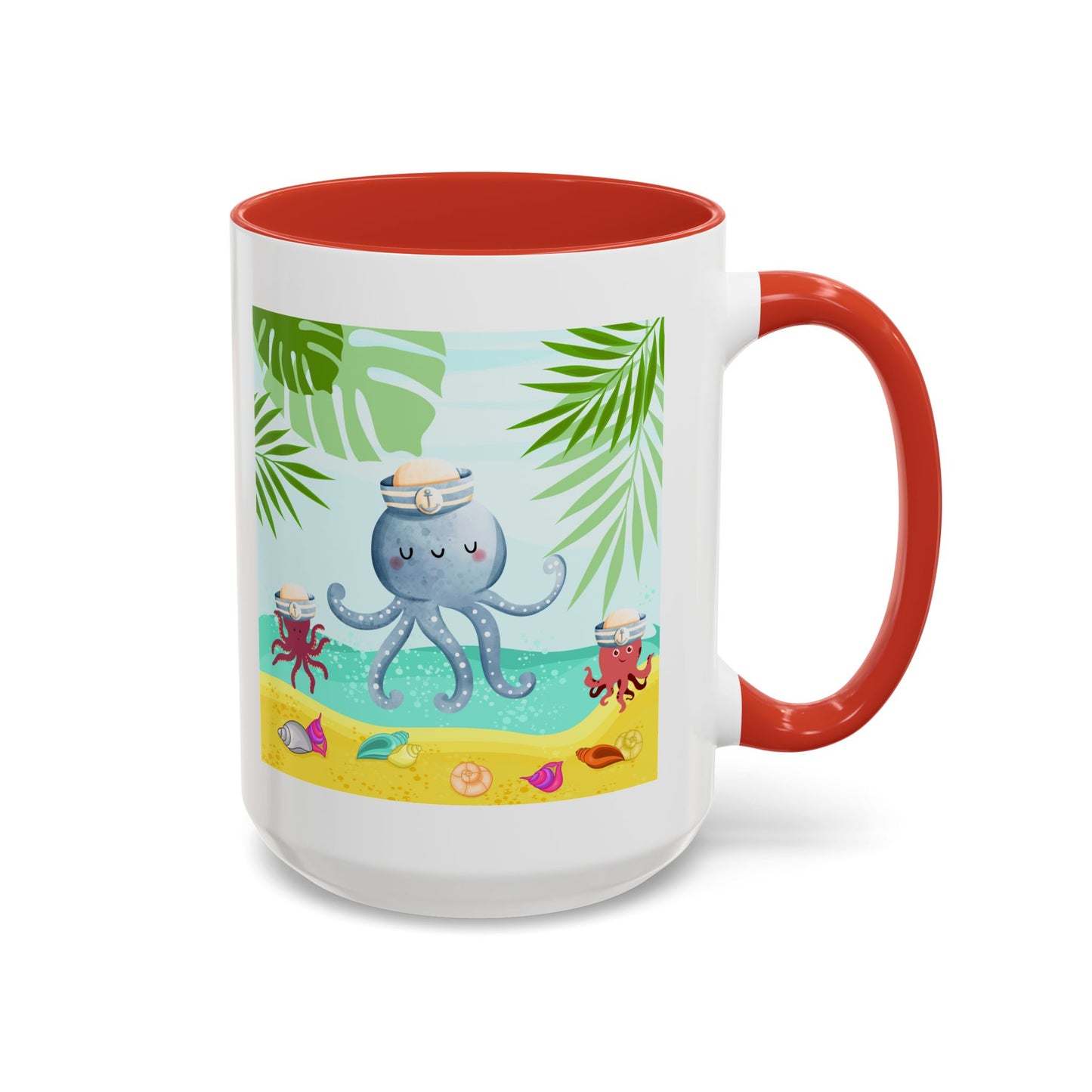 Octopus on a beach scene with tropical Coffee Mug