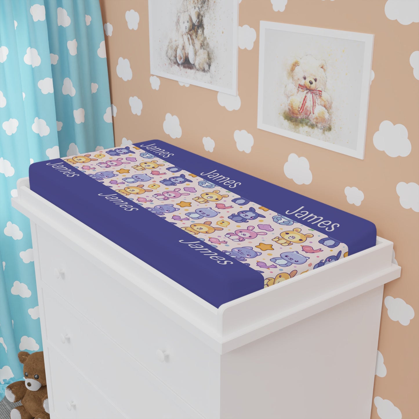 Personalized Baby Changing Pad Cover — Cute Animal Pattern with Name (James)