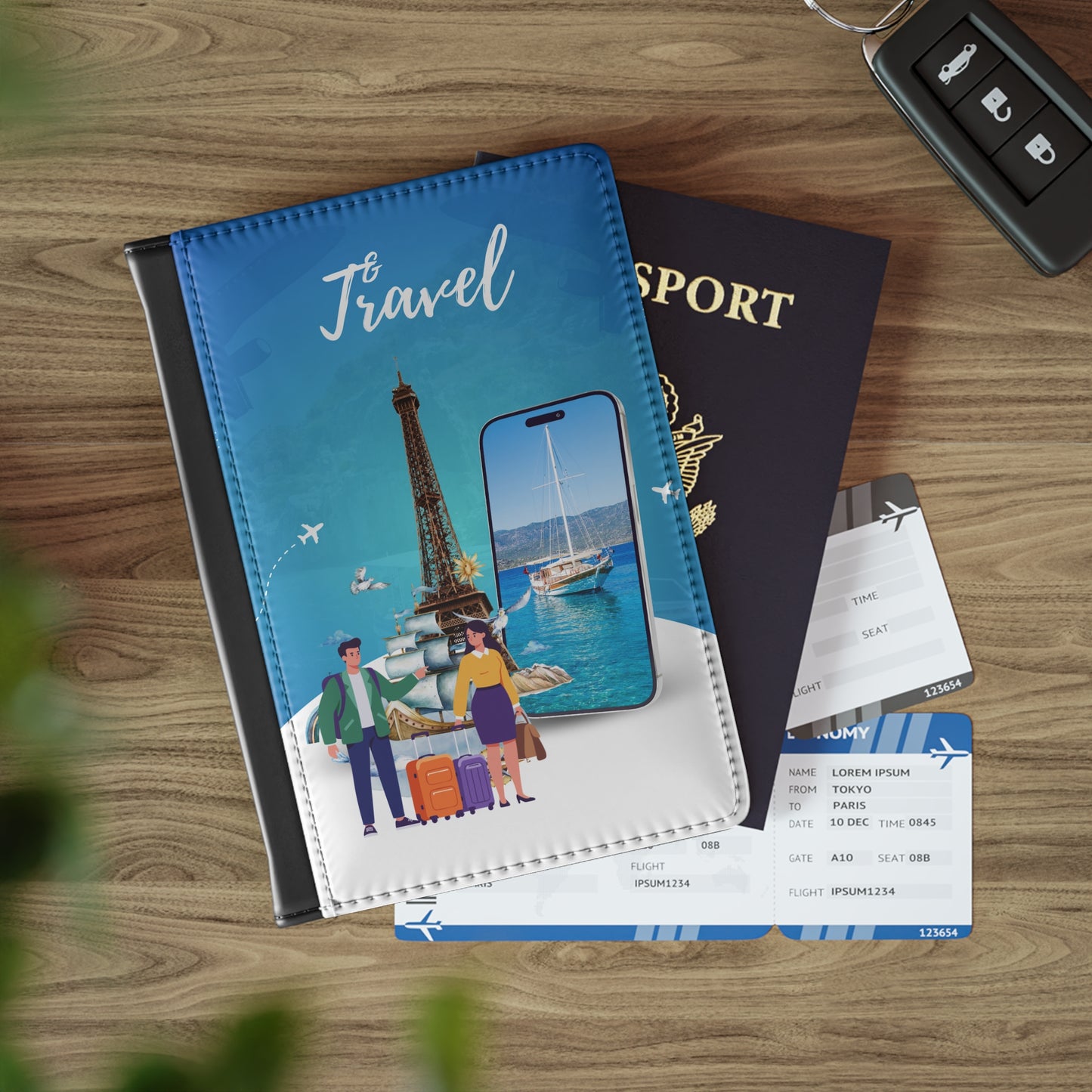 Travel Passport Cover – 'Travel' Eiffel Tower & Yacht Illustration Passport Holder for Couples & Vacationers