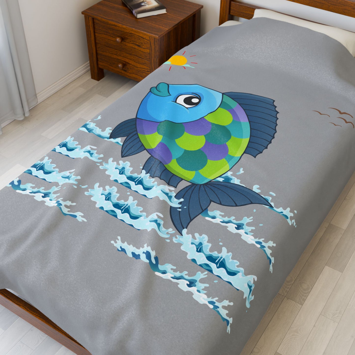 Fish with a sun and birds in the sky above water Velveteen Plush Blanket