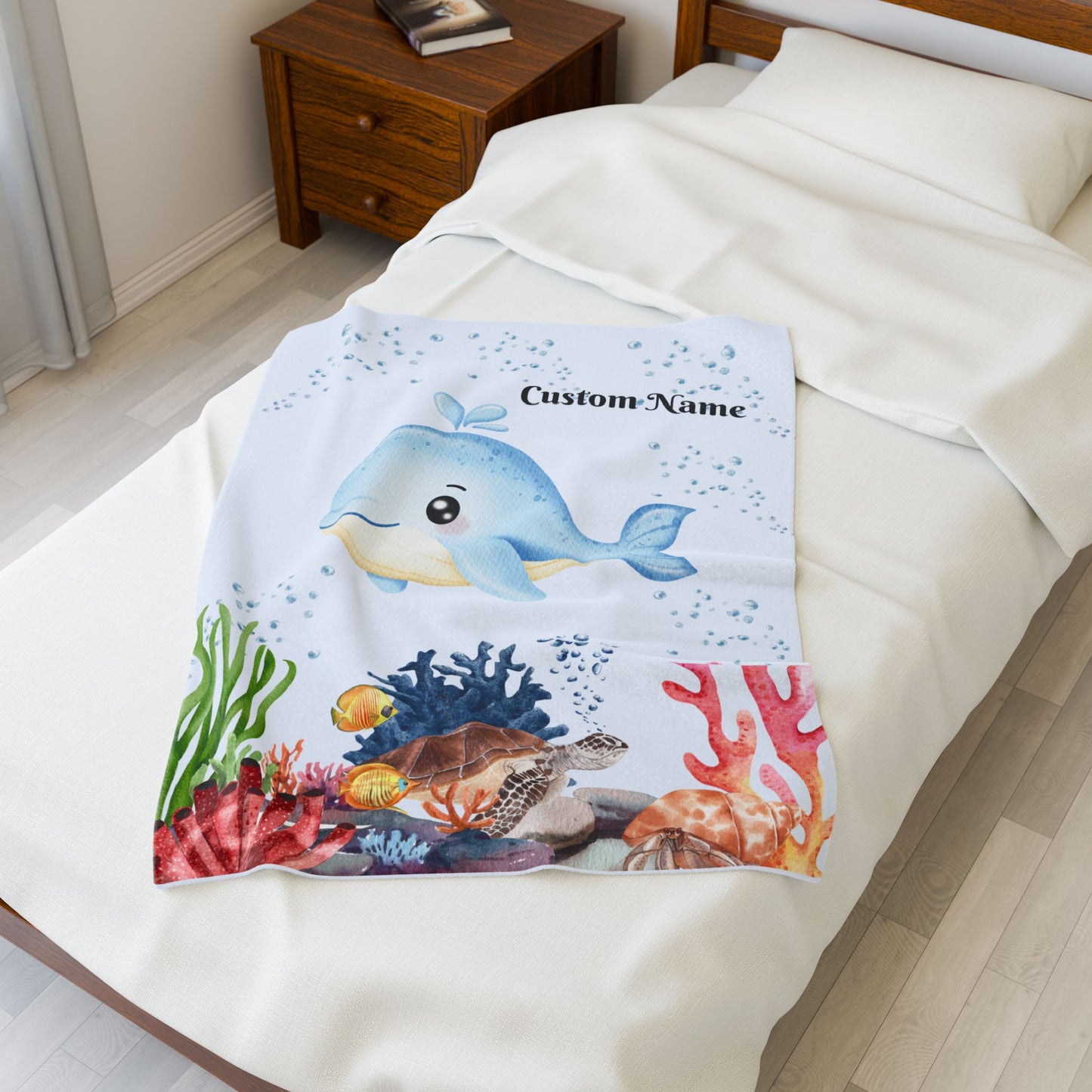 Custom Whale Velveteen Plush Blanket, Kids Throw Blanket, Nautical Nursery Décor, Personalized Gift, Cozy Home Accessories, Baby Shower Gift
