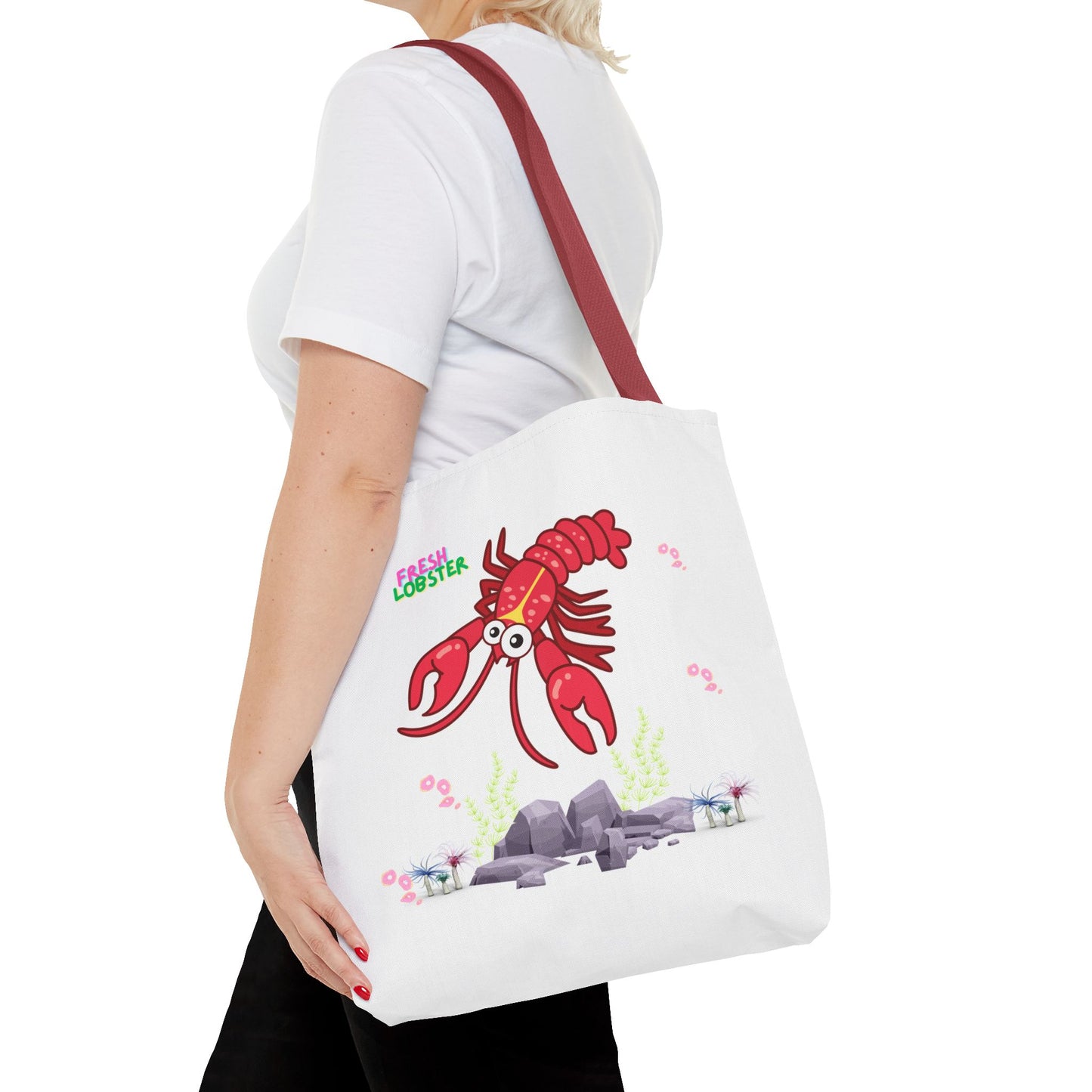 Friendly red lobster big eyes and yellow strip Tote Bag