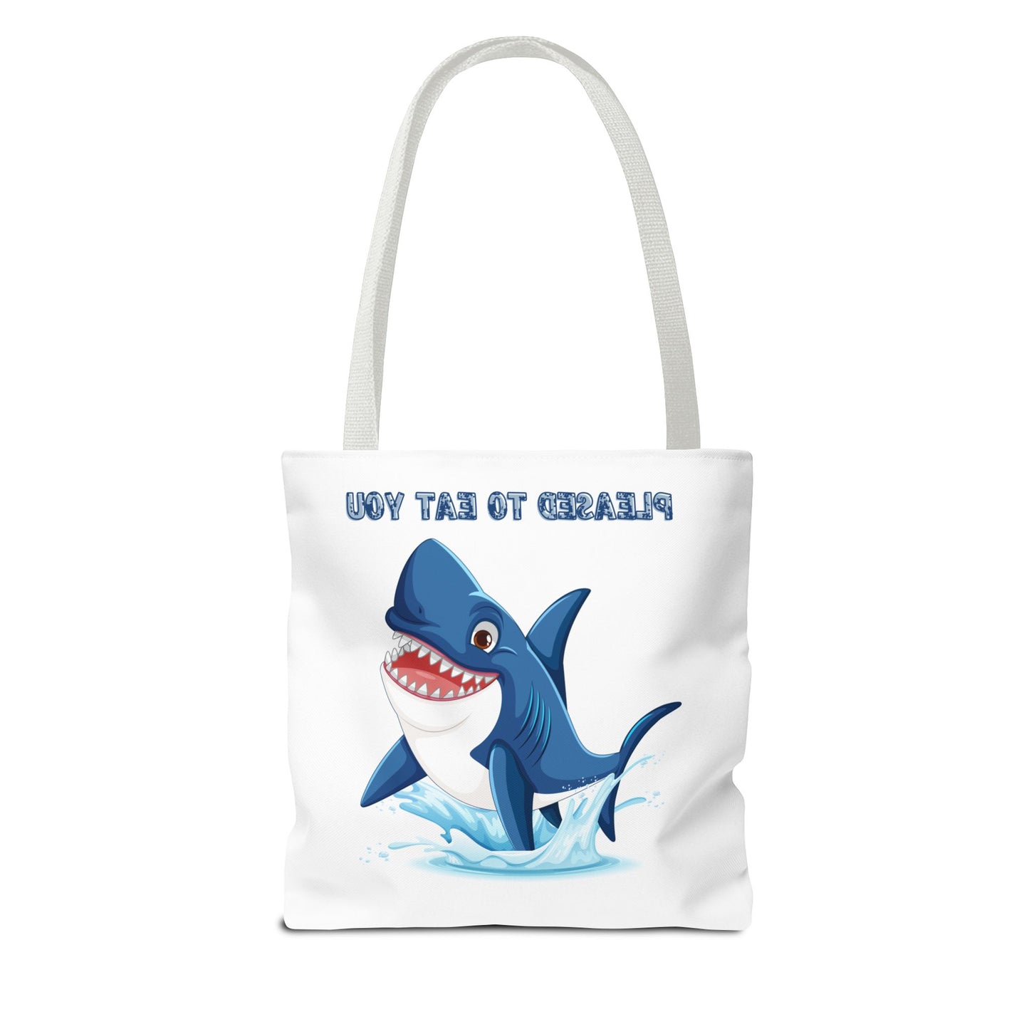 Humorous cartoon shark with threatening text Tote Bag
