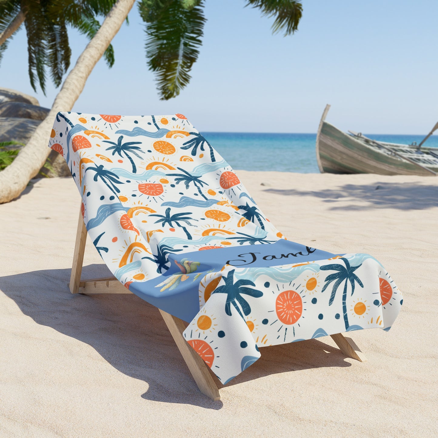 Personalized Tropical Beach Towel — Custom Name Palm Trees & Sun Pattern
