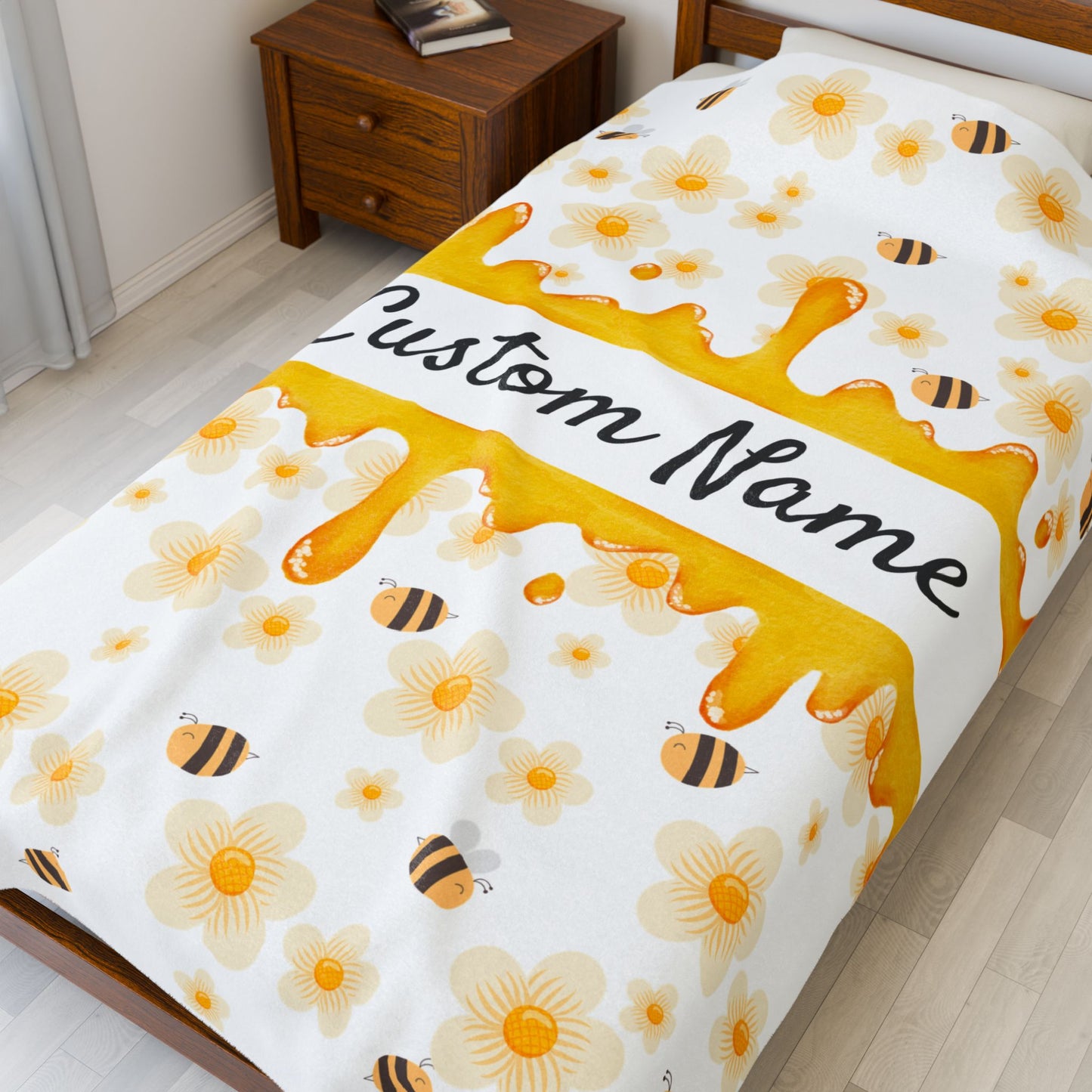 Personalized Velveteen Plush Blanket, Cozy Gift, Custom Name Throw, Bee and Flower Decor, Soft Home Accents