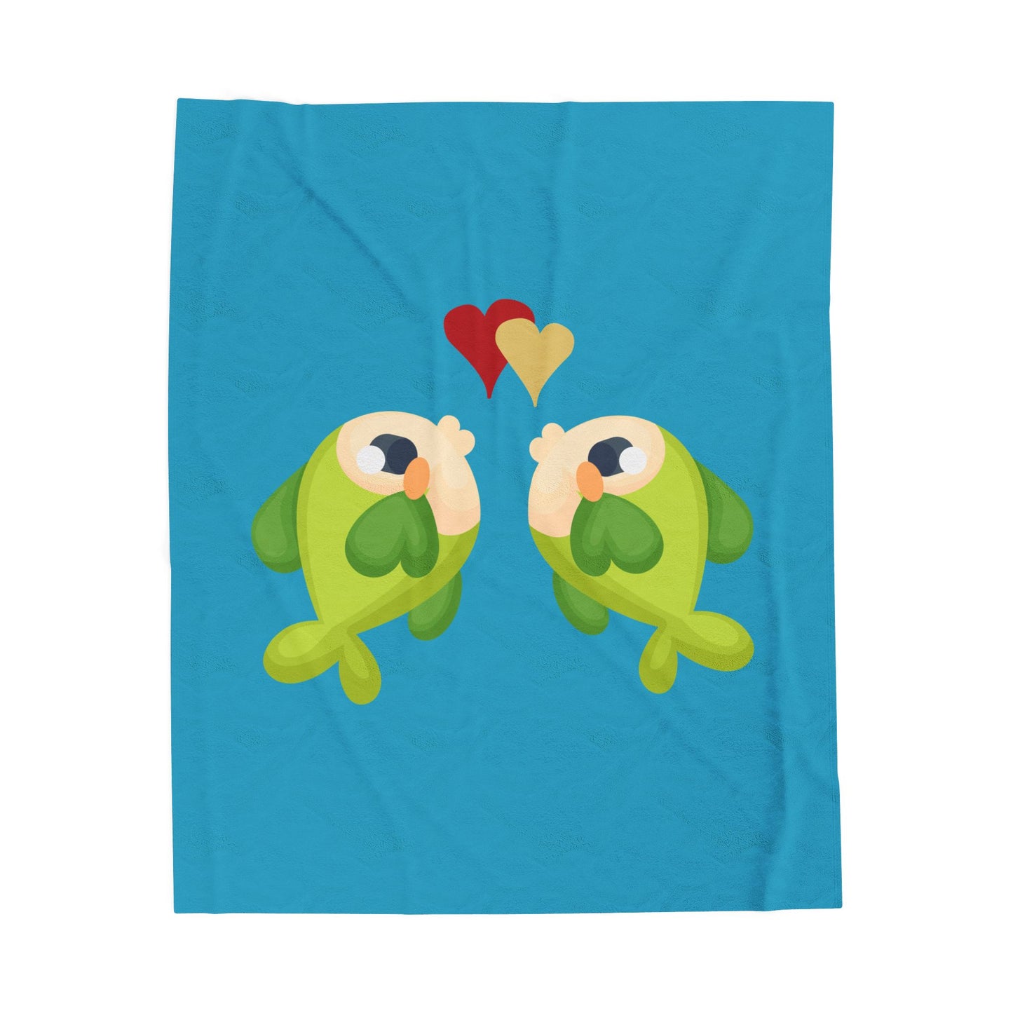 Two hearts float between the fish one red and one yellow Velveteen Plush Blanket
