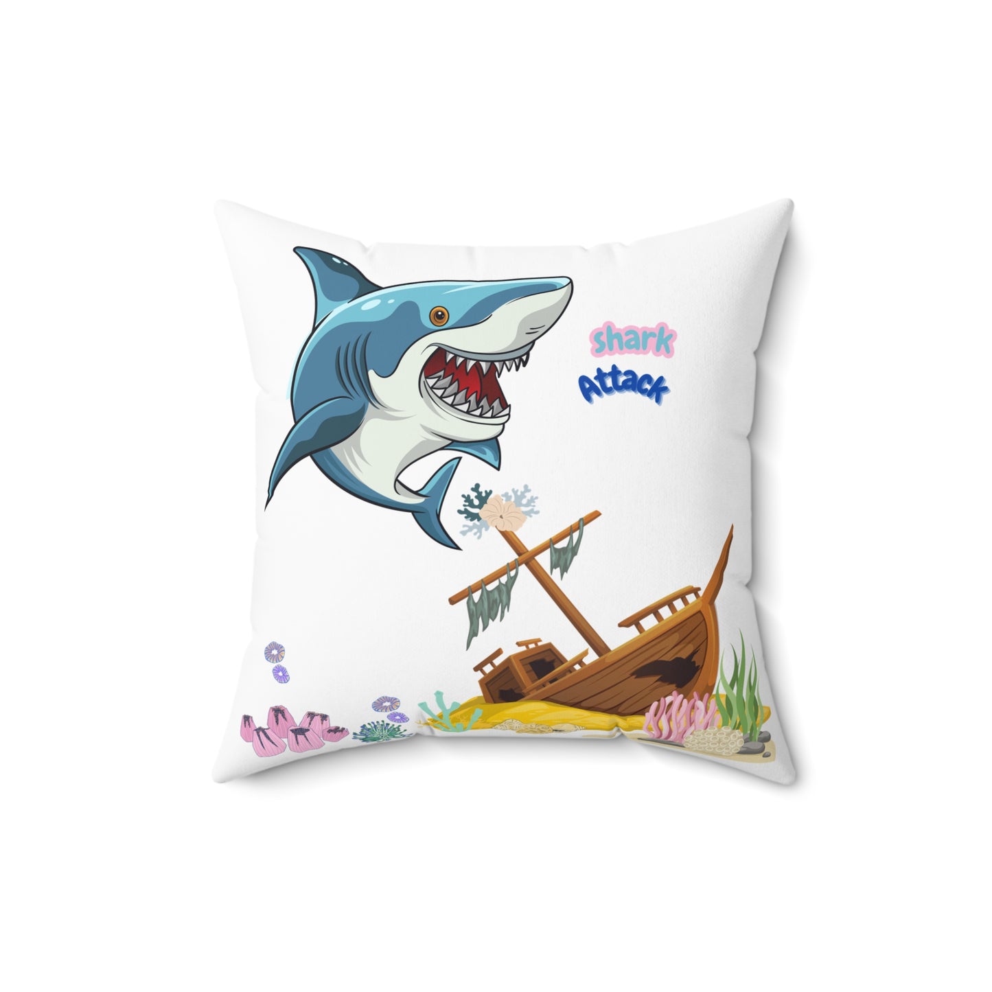 Shark ship colorful coral reef Spun Polyester Square Pillow