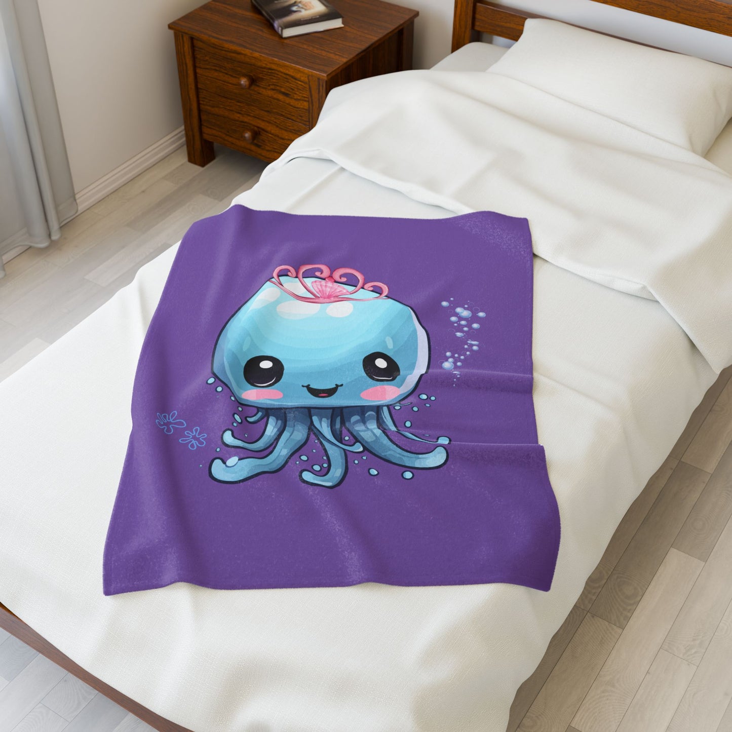 Blue jellyfish with a pink tiara Velveteen Plush Blanket