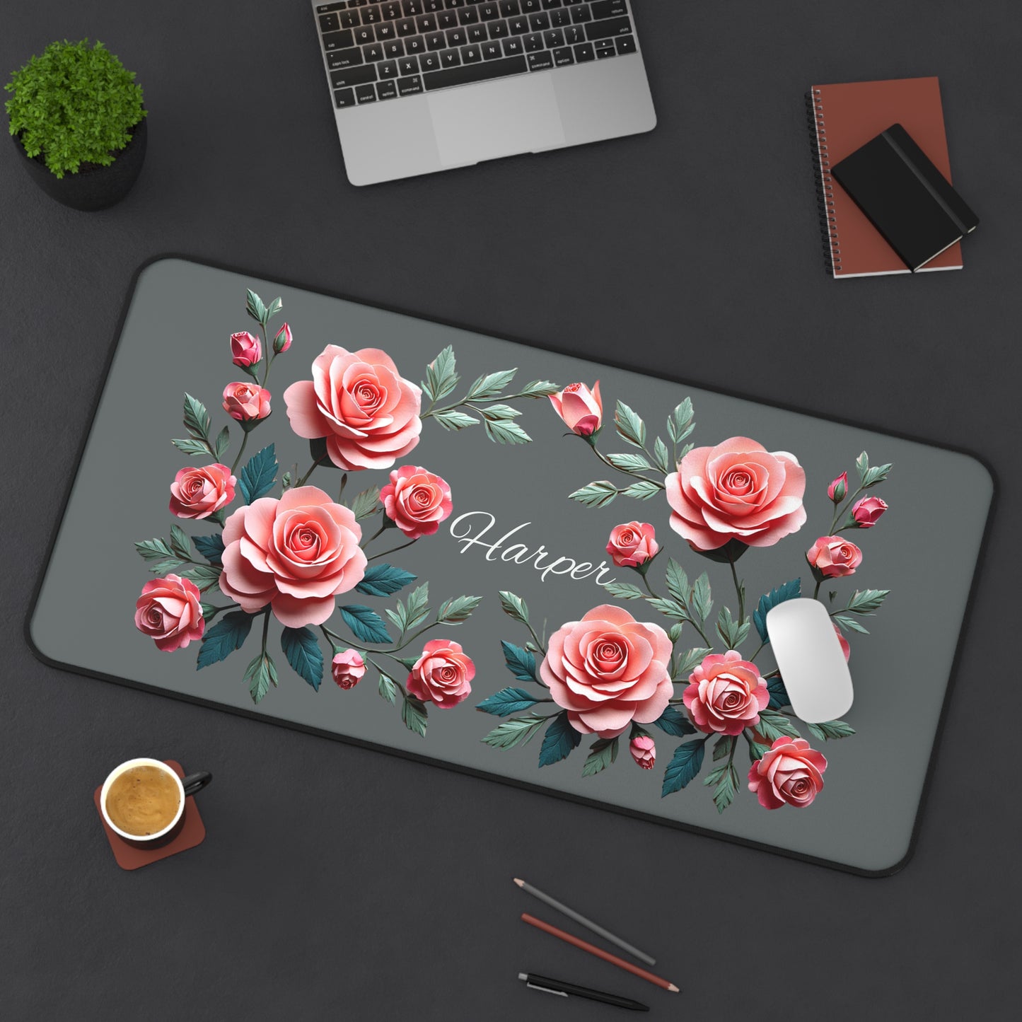 Personalized Floral Desk Mat | Elegant Workspace Decor, Custom Mouse Pad, Office Gift, Elegant Desk Accessory, Rose Design