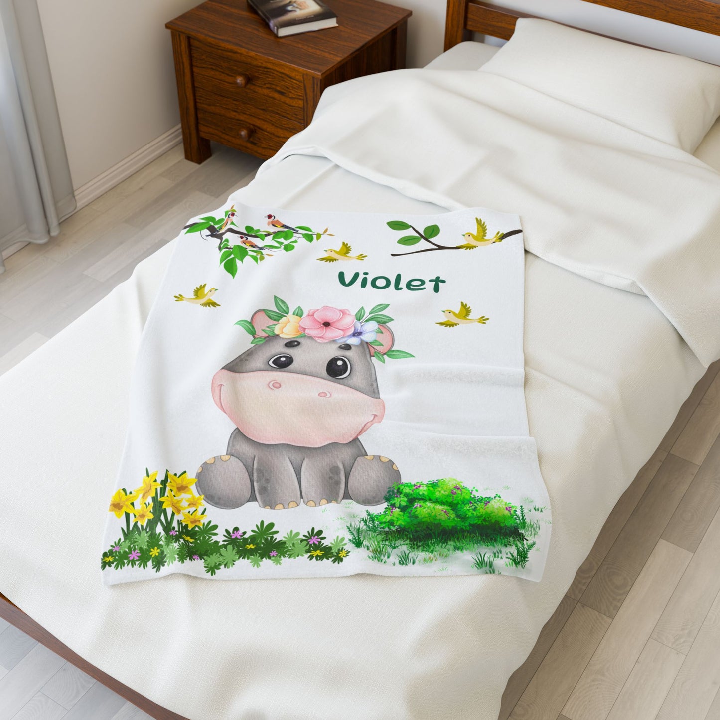 Cozy Velveteen Plush Blanket with Adorable Floral Hippo Design – Perfect for Baby Showers, Gifts, Home Decor, Nursery, Child's Room