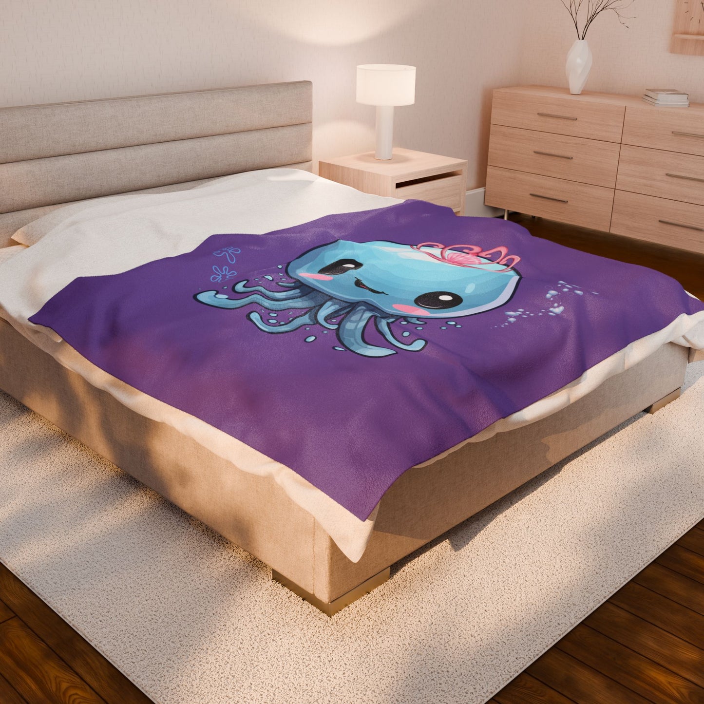 Blue jellyfish with a pink tiara Velveteen Plush Blanket
