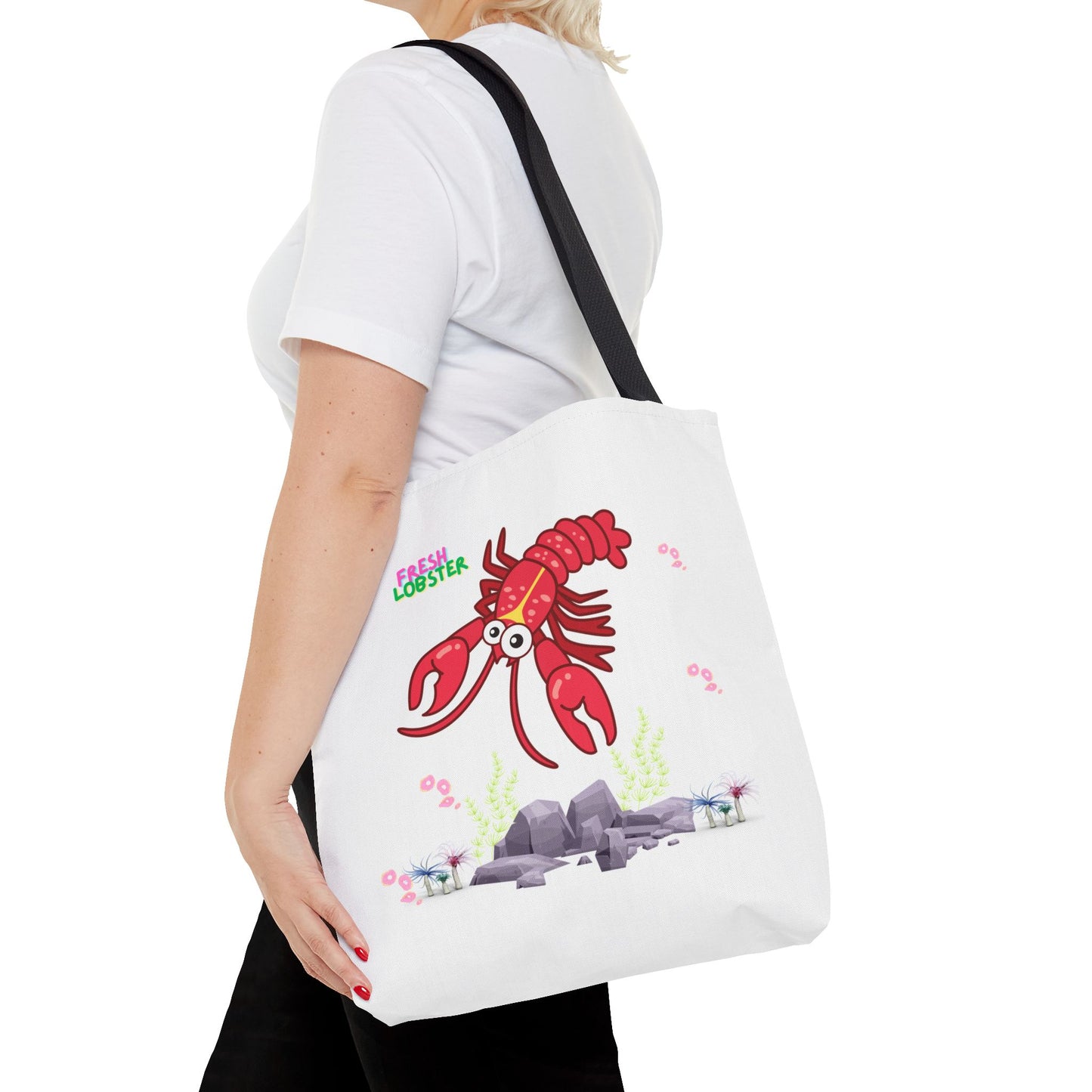 Friendly red lobster big eyes and yellow strip Tote Bag