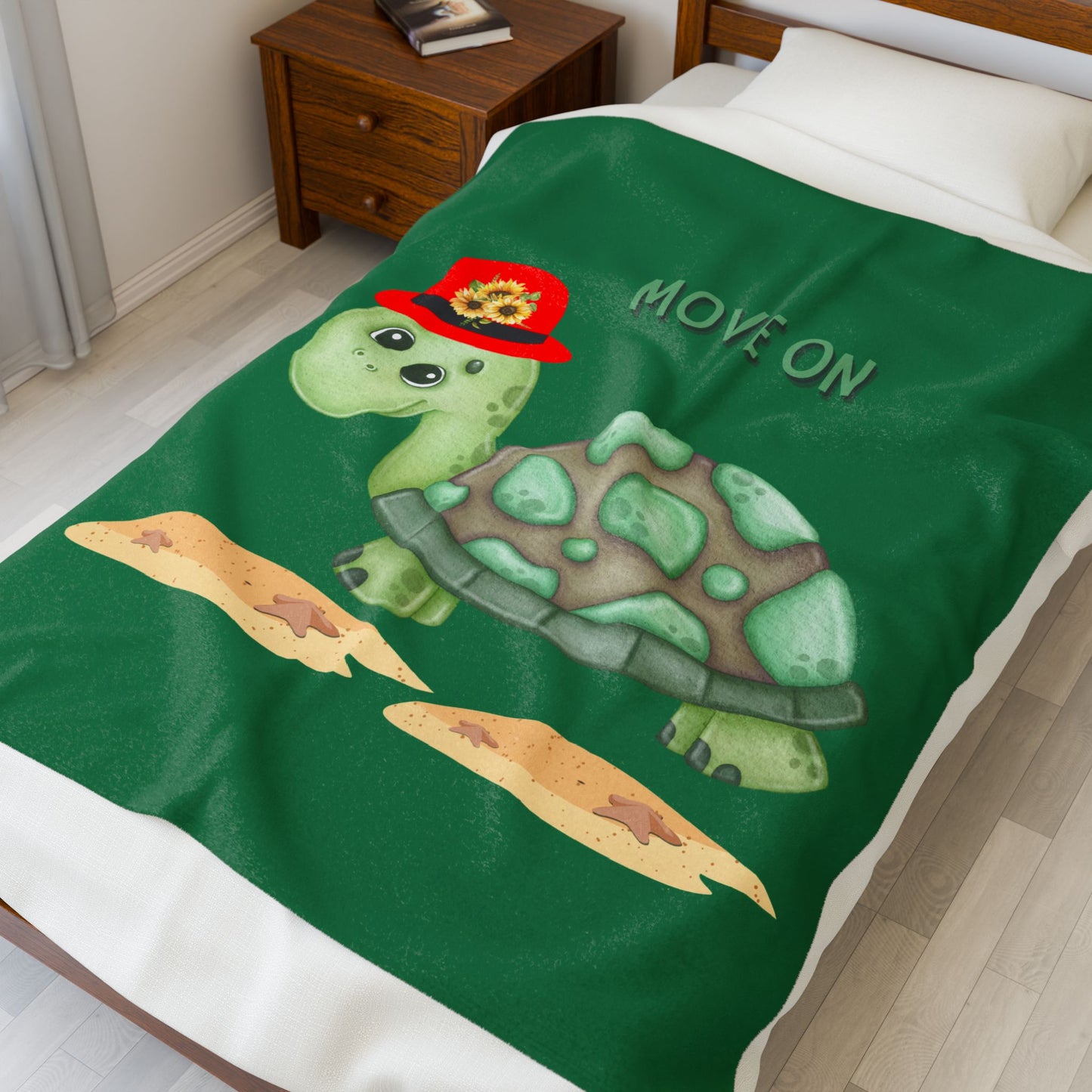 Turtle with a sunflower hat Velveteen Plush Blanket