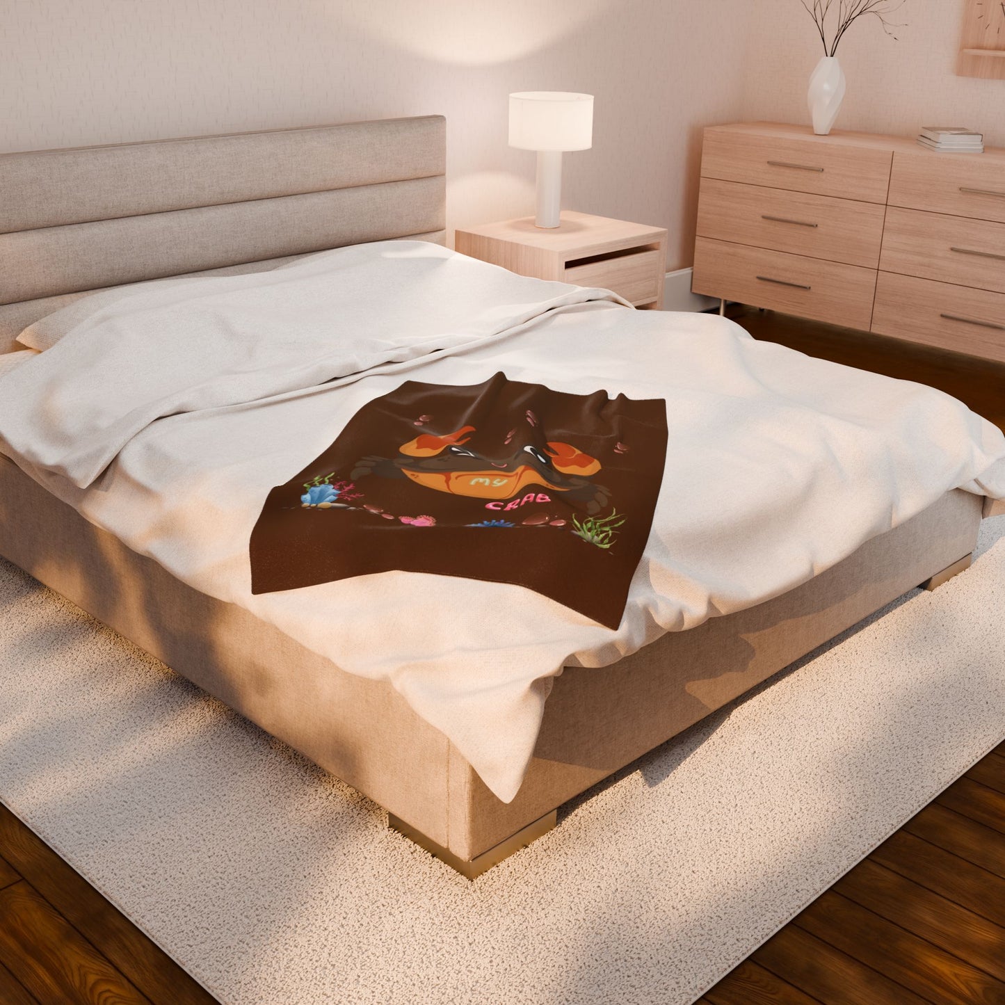 Crab with subtle bubbles and underwater flora Velveteen Plush Blanket