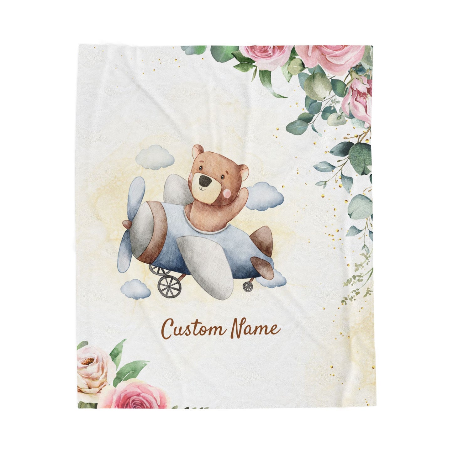 Personalized Velveteen Plush Blanket with Custom Name, Kids Blanket, Nursery Decor, Baby Shower Gift, Floral Bear Design