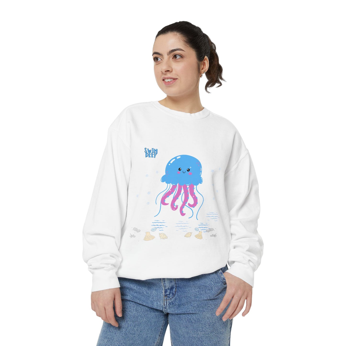 Blue jellyfish with pink tentacles Unisex Garment-Dyed Sweatshirt